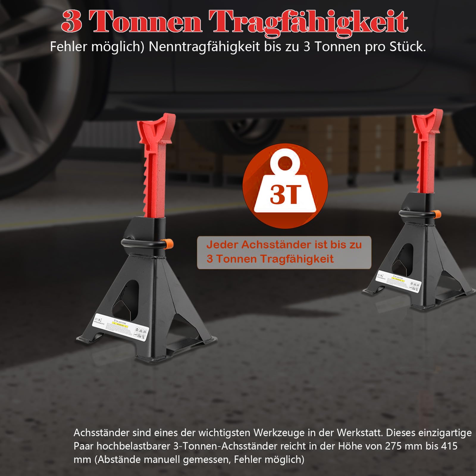 4er Set Unterstellböcke, Traglast 3000 kg Stützböcke, 275-415 mm Hubhöhe höhenverstellbar Wagenheber Ständer, Automotive Unterstellbock, Mit Sicherung und Gummi Wohnwagen Stützbock