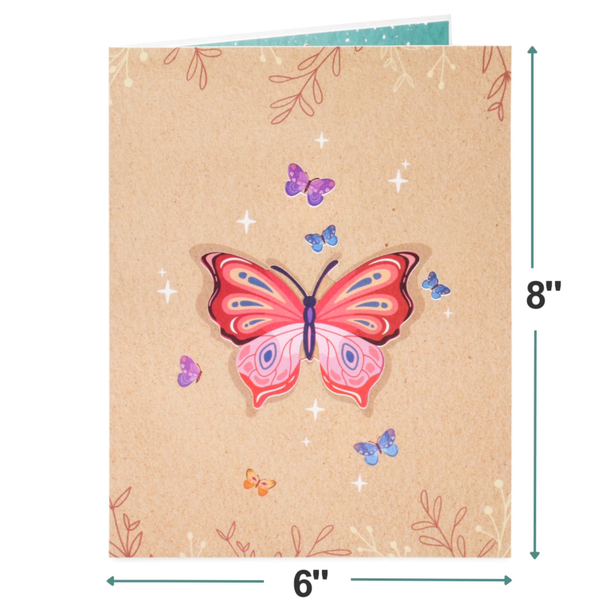 Paper Love Frndly Tarjeta desplegable 3D, ramo y mariposas, todas las ocasiones, Día de la Madre, amor, gracias, porque sí, 100 % reciclada y ecológica, a mano, 20 x 15 cm, etiqueta de notas extraíble