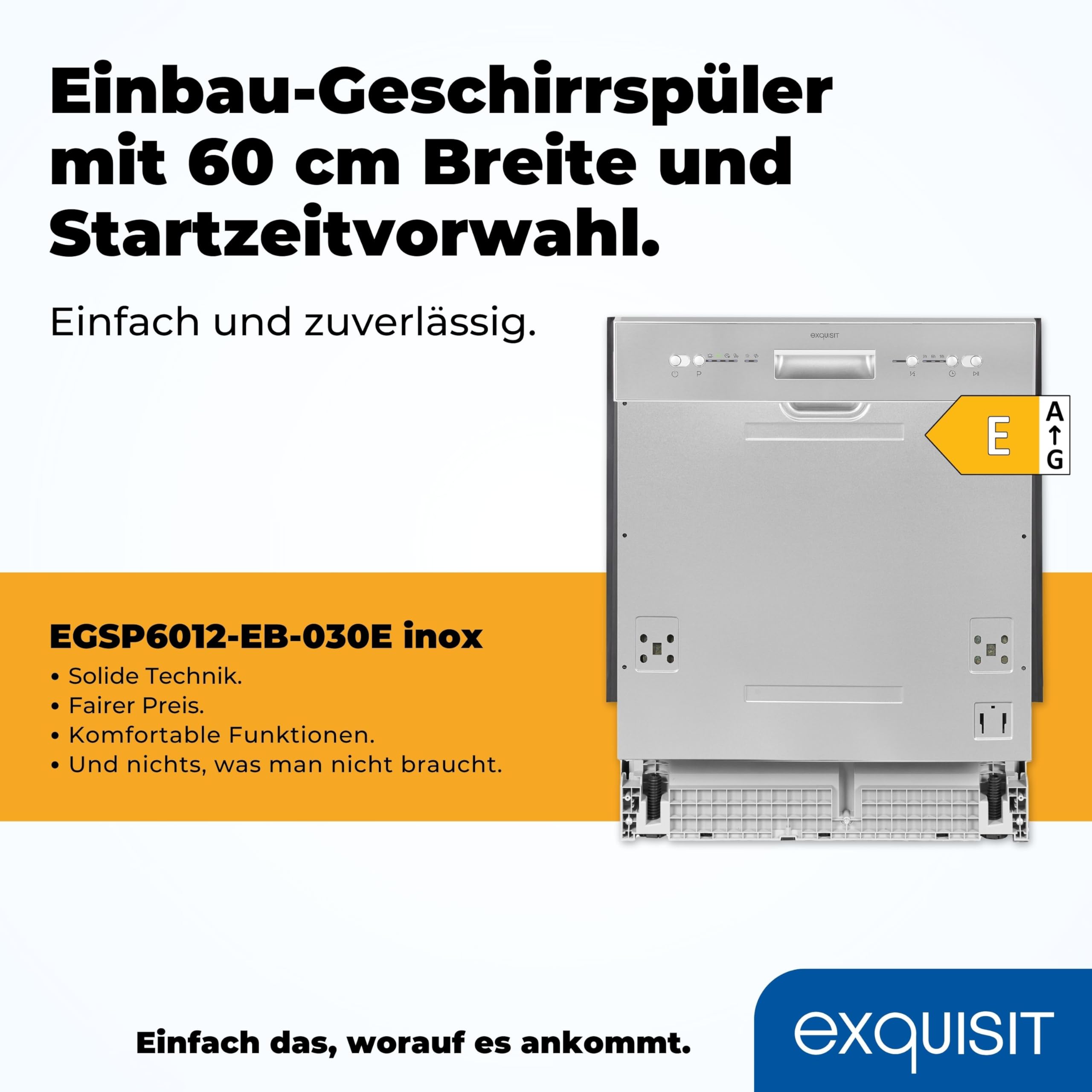 Exquisit Geschirrspüler EGSP6012-EB-030E INOX | Teilintegrierter Geschirrspüler 60 cm | 12 Maßgedecke | Spülmaschine teilintegriert 60 cm LED