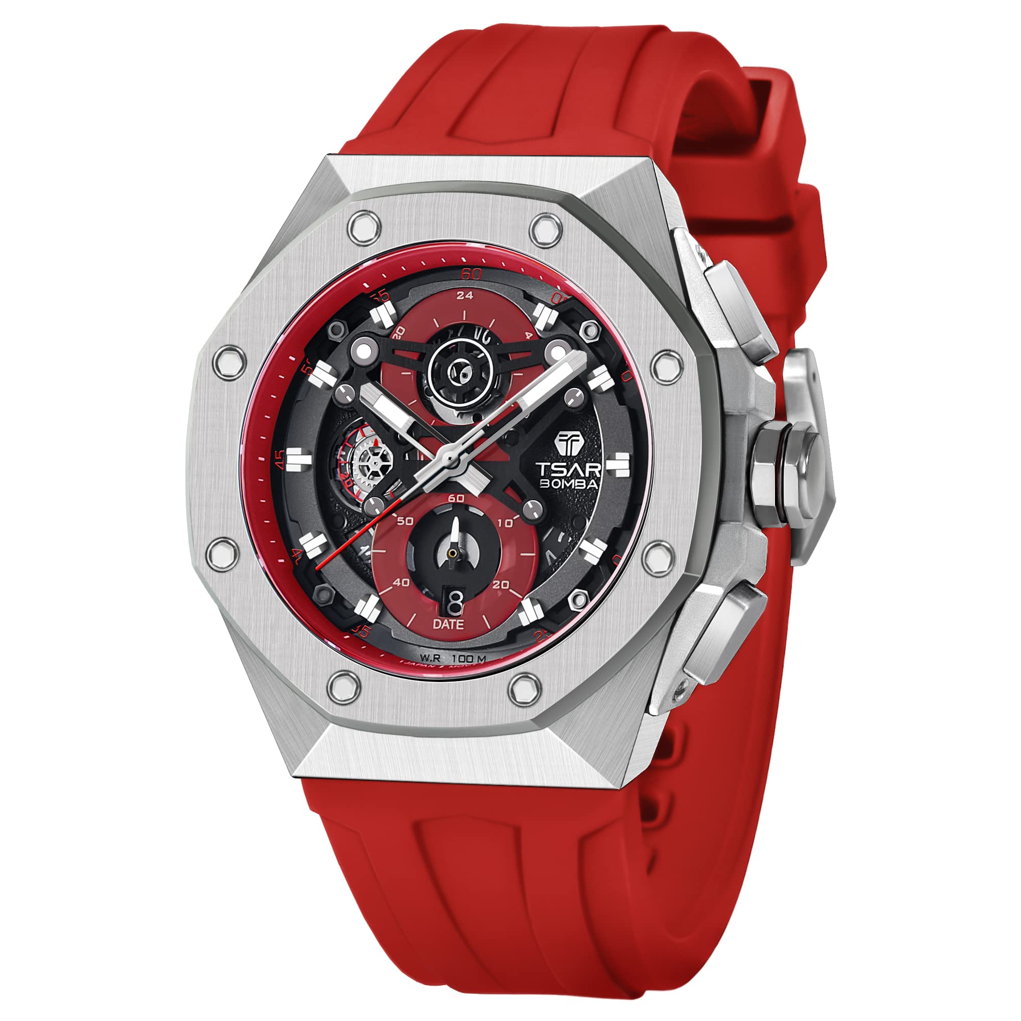 TSAR BOMBA Mens Watches Waterproof 50M Analog Chronograph Men’s Dress Business Work Watch Luxury Tonneau Watches for Men, Silver-red, FREE SIZE, casual (B0BLZ3DVWW) Amazon Price History, Amazon Price Tracker