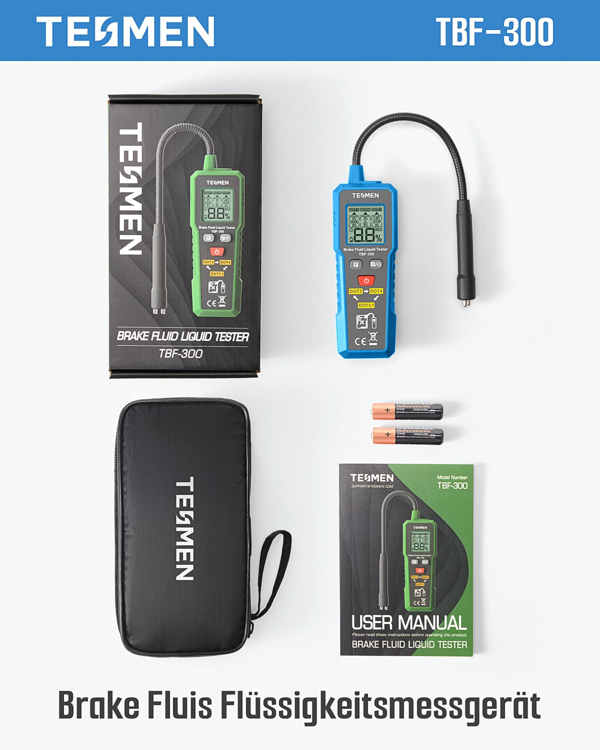 TESMEN TBF-300 Bremsflüssigkeitstester, 8,5" korrosionsbeständige Schwanenhals-Sonde, für DOT3/DOT4/DOT5.1, mit Licht, Datenhaltung & Hintergrundbeleuchtungsalarm – Blau