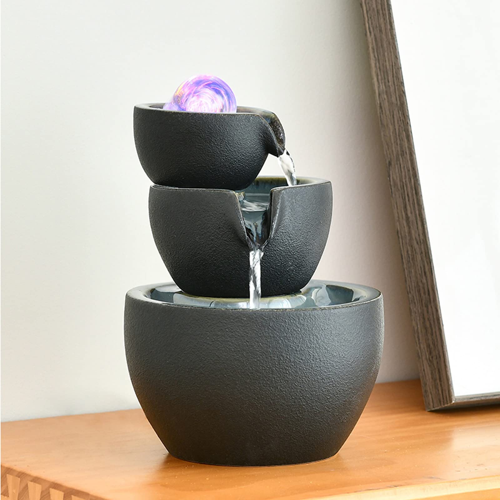 Fuente de Interior Fuente de Interior Fuente de Mesa Tazón de cerámica de Nivel 3 Negro Fuentes de Cascada Fuente de Agua de relajación Fuente de Escritorio de meditación for decoración de Oficina en