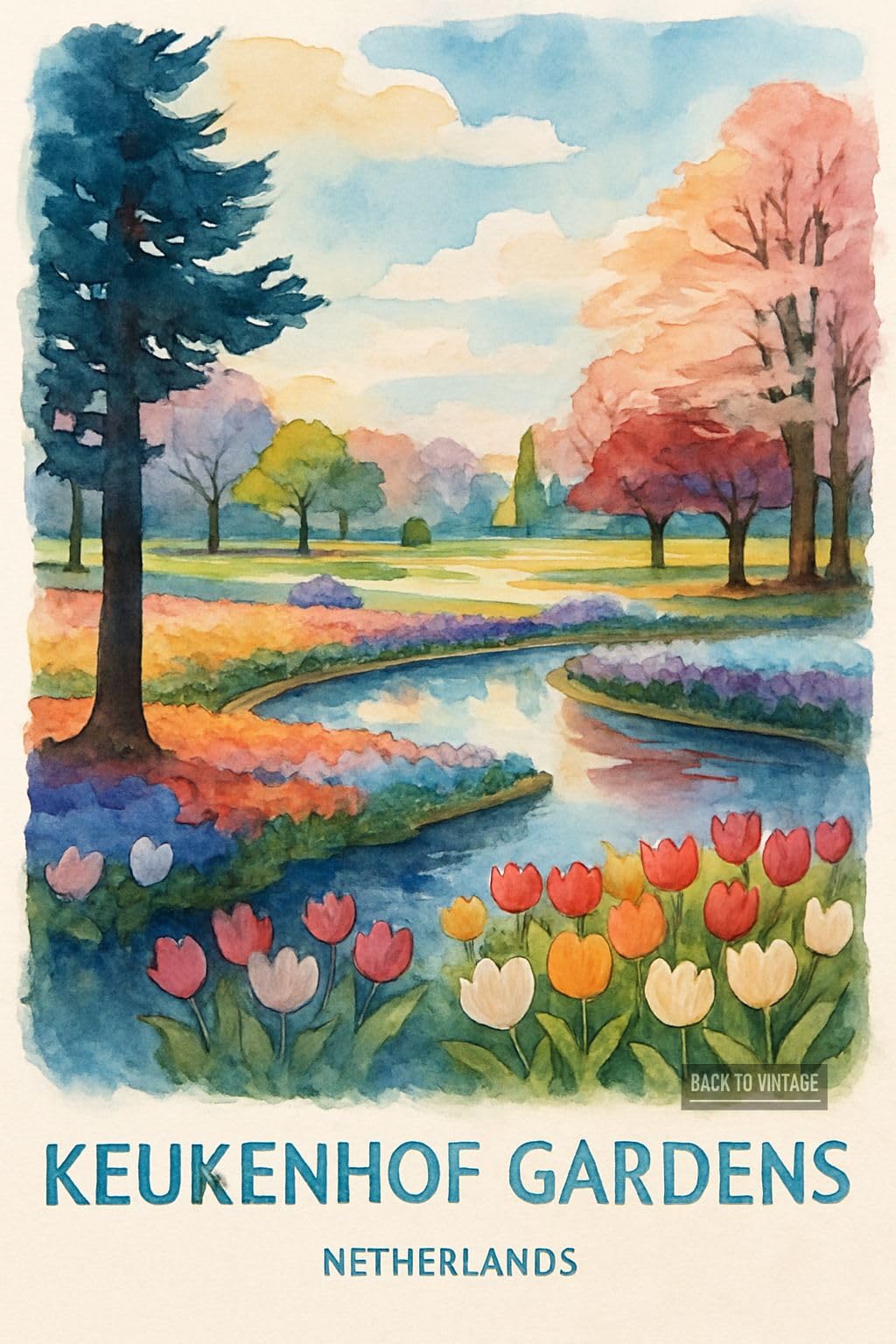 BACK TO VINTAGE Vibrant Keukenhof Gardens In Netherlands - A4 Travel City Poster Wall Art Home Decor Art Print with Iconic Landmarks and Global Views for Culture Inspired
