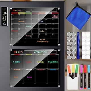 Bysameyee Calendario de refrigerador, tabla de planificación de comidas, acrílico magnético de borrado en seco, calendario mensual semanal para refrigerador con 6 marcadores de colores (negro-semanal