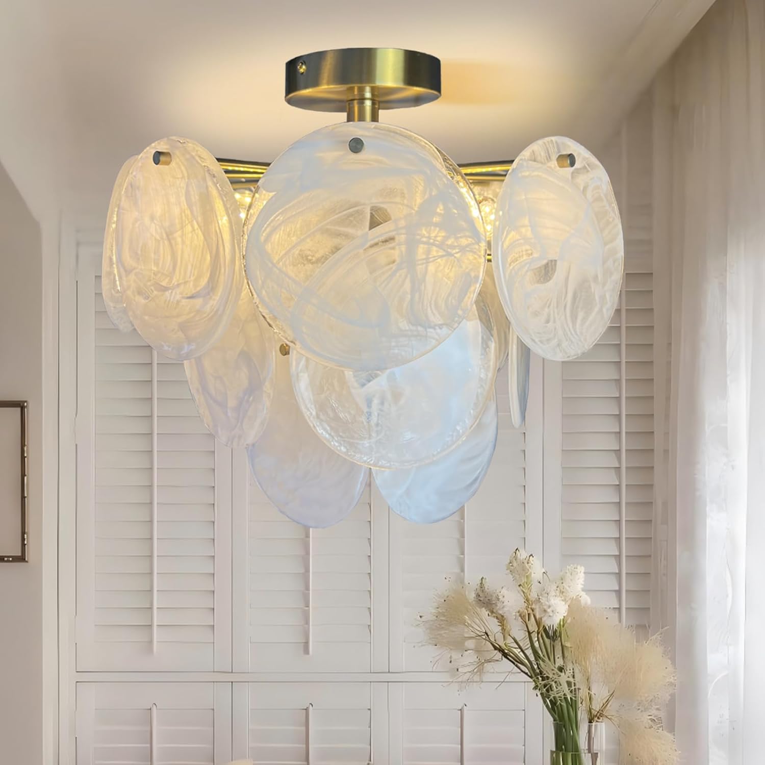 Small Crystal Chandelier Semi Flush Mount Ceiling Light Fixture Modern Bronze Gold Cloud Glass Chandelier Light for Entryway Hallway Bathroom Bedroom