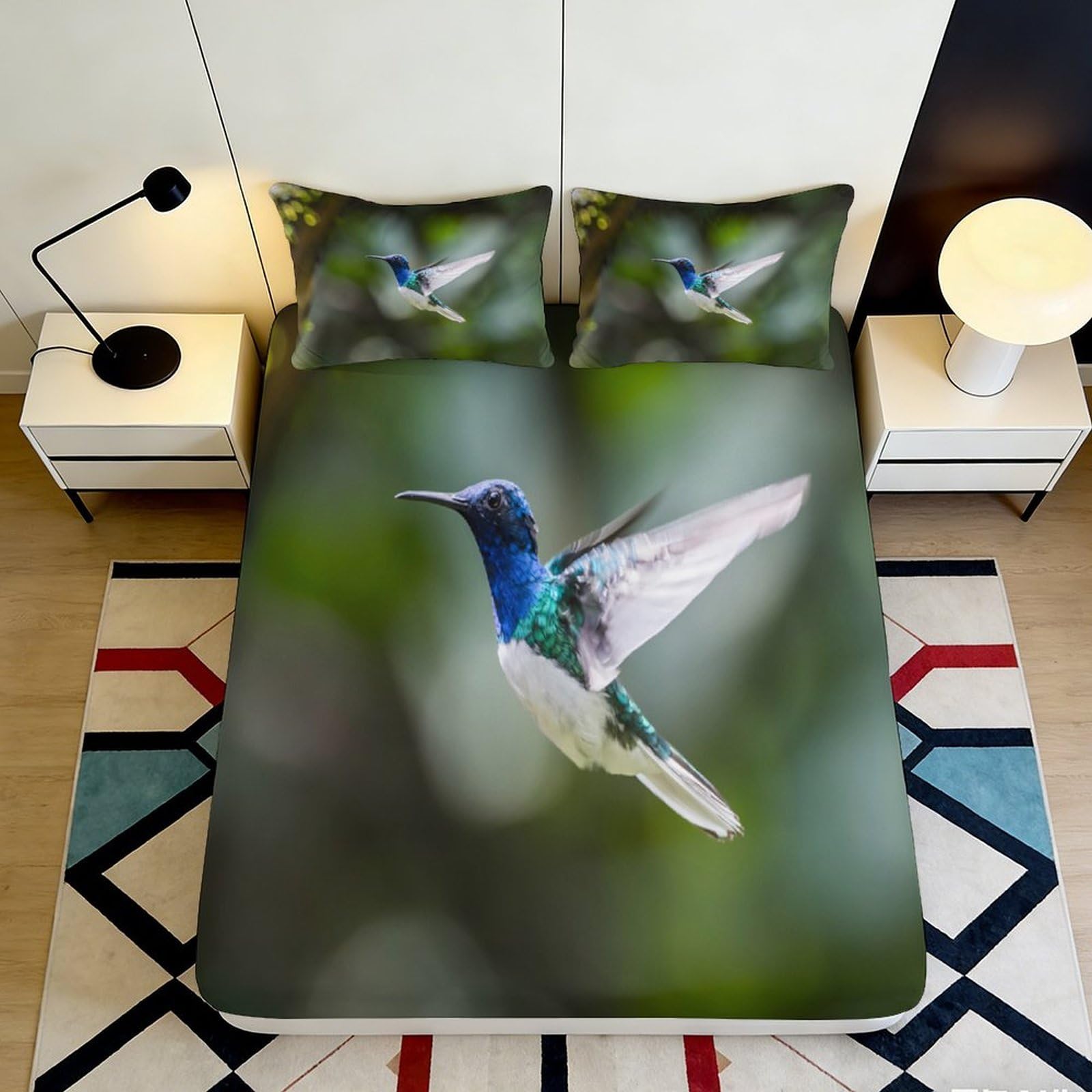 3D Printed Hummingbird Fitted Sheet Microfiber Soft Breathable Flying Bird Bed Cover for Bedroom Dormitory Guest Room Mattress Protection Decor 140x200x25cm