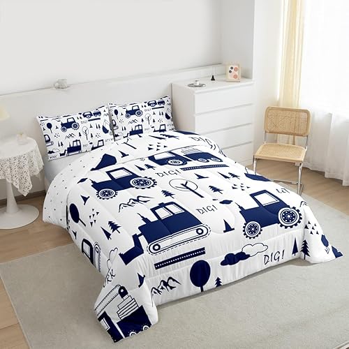 Miniatura 2 de Juego de ropa de cama de construcción, tamaño matrimonial, juego de edredón de camiones para niños y niñas, decoración de caricaturas, automóvil,