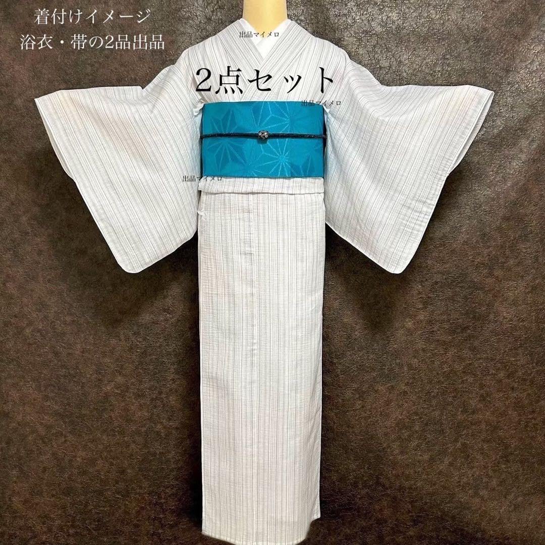古典しじら織 浴衣 綿 粋な夏着物 縞柄 半幅帯 麻の葉 2