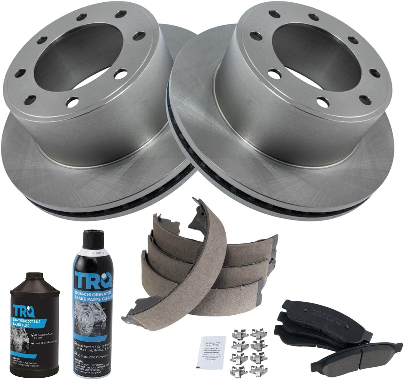 TRQ Rear Brake Pad & Rotor Kit Brake Chemical Kit Brake Pads Brake Rotor Parking Brake Shoe Set Ceramic Compatible with 2011-2012 Ford F-250 Super Duty F-350 Super Duty