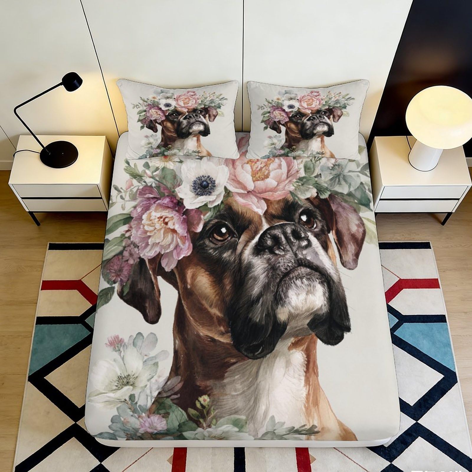 3D Printed Floral Boxer Dog Fitted Sheet Microfiber Soft Decor Bedroom Bed Cover Mattress Protection 90x200x25cm