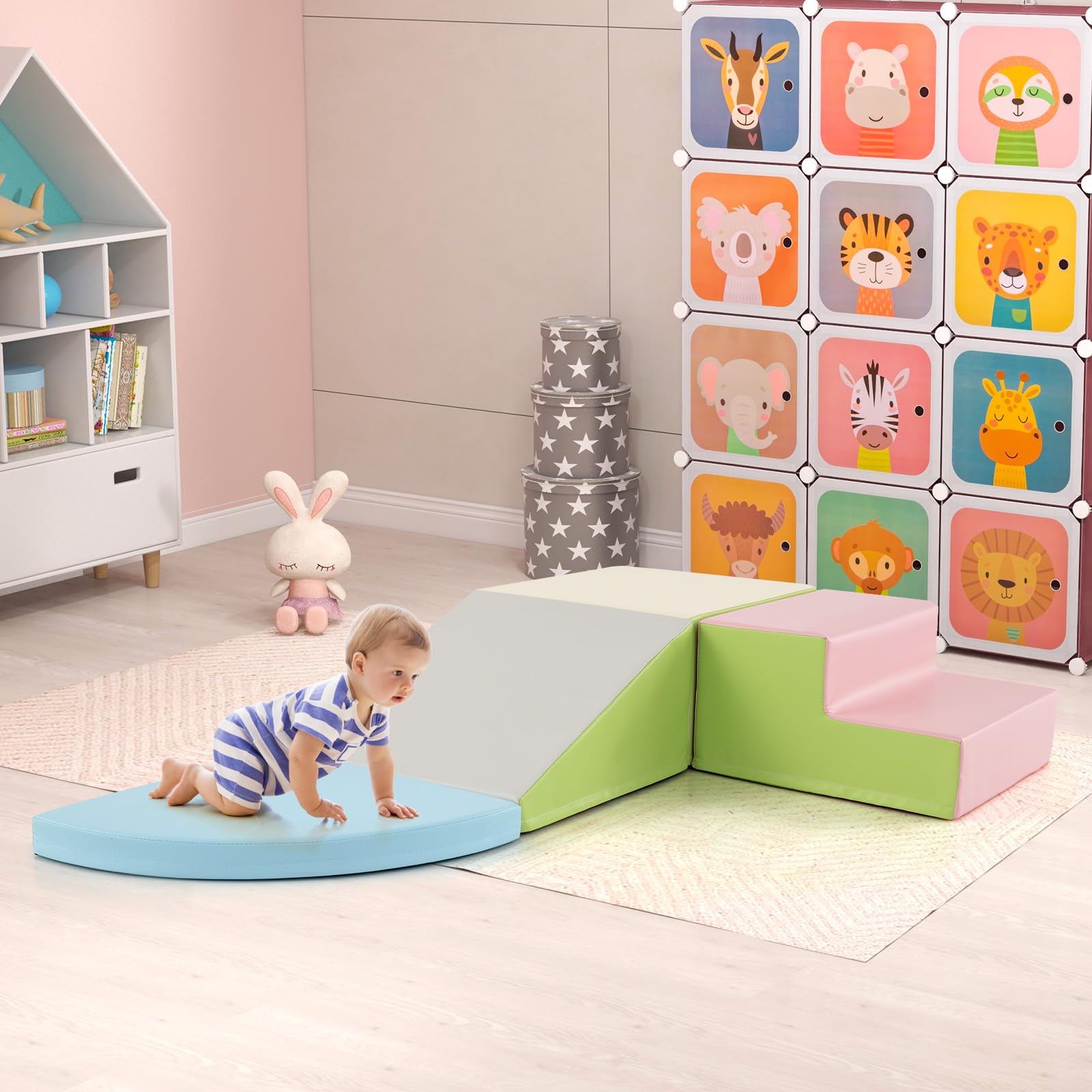 GOPLUS 4 Pcs Parcours de Motricité Bébé, Module Moticité en Mousse EPE, Revêtement en Simili Cuir, Convient pour Enfants 3 Ans+, Jouets Montessori pour Grimper, Ramper (Rose)