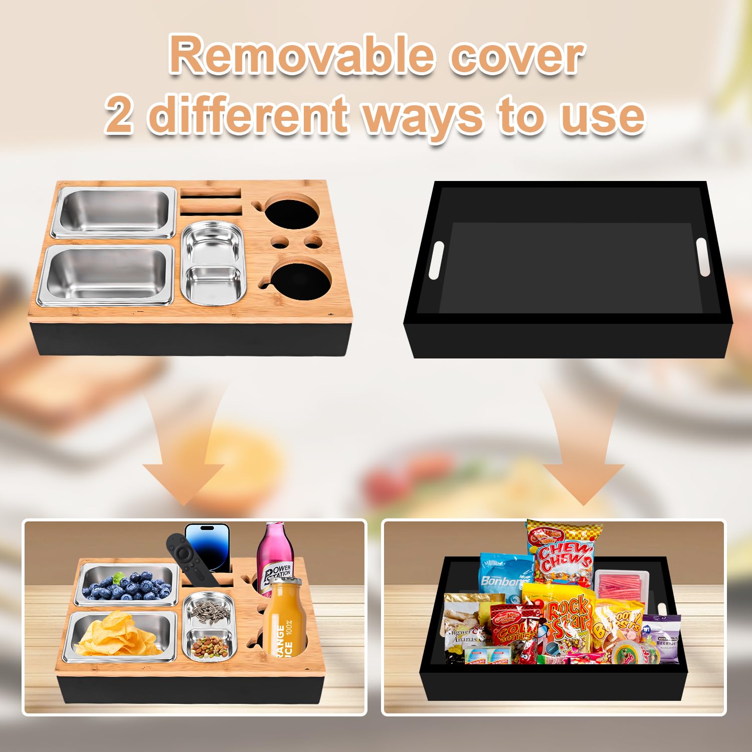 Couchbar Snackbox Schwarz Mit Snackschalen Aus Edelstahl Sofa Tablett Geeignet für Wohnzimmer, Sofa, Garten, Picknickparty (Schwarz)