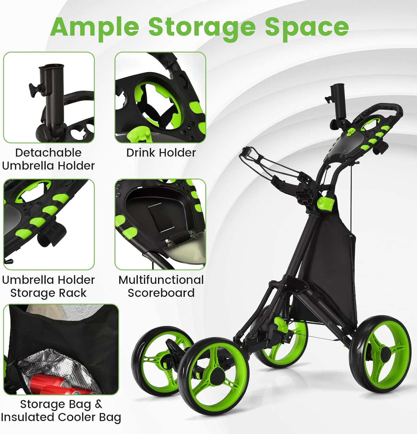 ULTIMATE 4 Wheel Golf Push Cart, Lightweight Folding Golf Trolley Roller w/Scorecard/Cup/Umbrella/Golf Bag Holder & Cooler Bag, Upper Bracket w/Elastic Strap, Foot Brake & Adjustable Handle