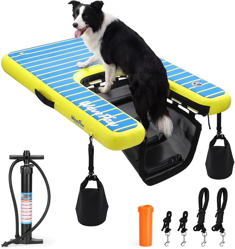 Inflatable Dog Ramp for Pool, Boat & Dock - Floating Pet Water Ladder with Full Non-Slip EVA Pad & Weight Bags - Stable Portable Dog Dock