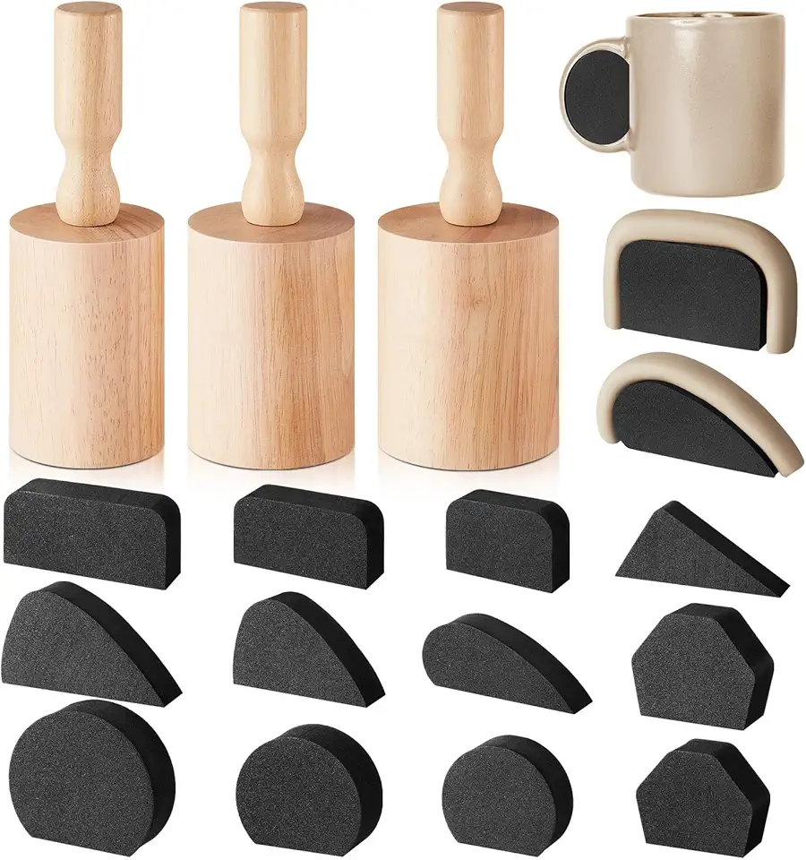 Juexica 3 Pcs Cup Pottery Molds 3.1'', 3.4'', 3.7'' Plaster Molds with 12 Pcs Mug Handle Forms Pottery Shaping Tool Wood Slump Press Mold 3 Sizes Clay Molds for DIY Pottery Cup Mug Art Making