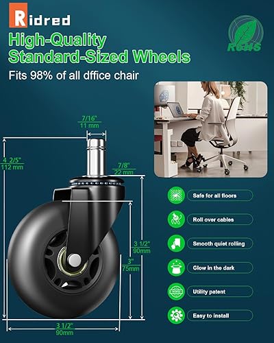 Vista 47 de RidRed Ruedas giratorias de repuesto para sillas de juegos o de oficina, de alta resistencia, de hule, ajuste universal, de 3 pulgadas, sin ruido