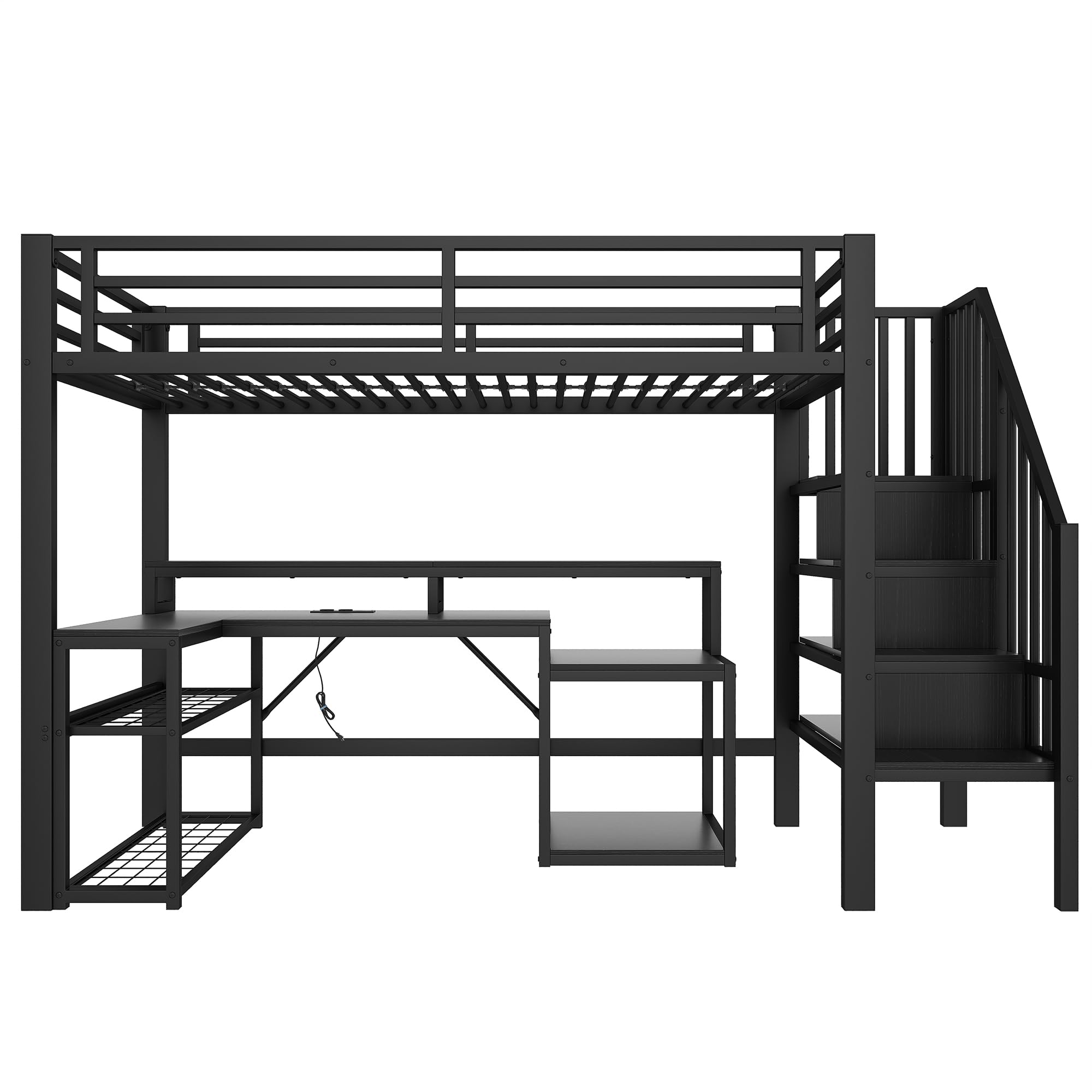 Lubvtti Letto a soppalco in ferro 90 x 200 con luminosa a LED,scrivania,porta USB,vano contenitore,scala con spazio contenitore,letto a castello per bambini,struttura letto per bambini,Nero