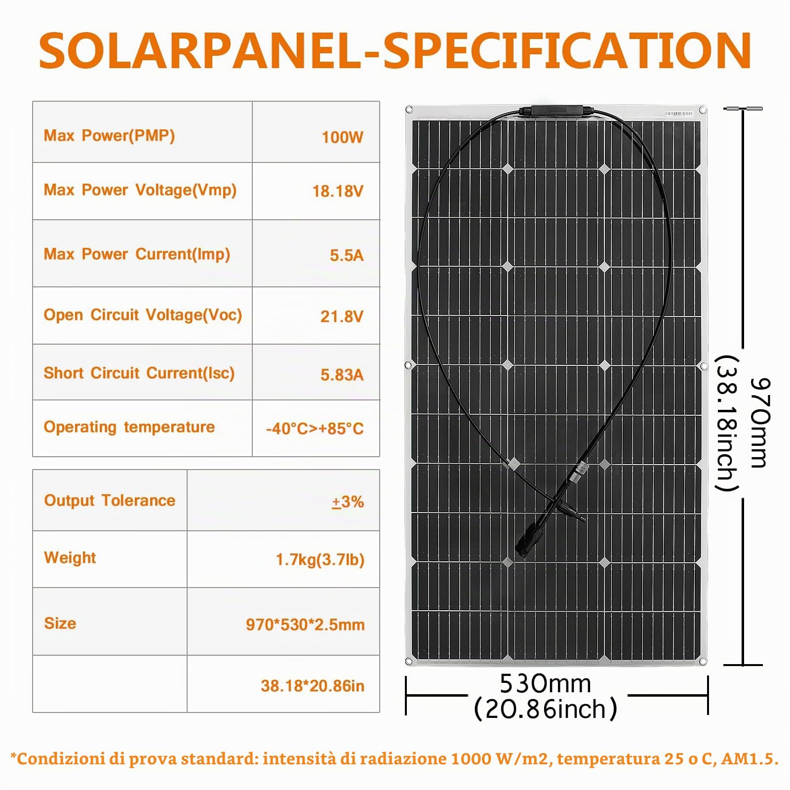 100W 18V Pannello Solare Flessibile Monocristallino Pannelli Fotovoltaico per Camper Barche Roulotte Furgoni Batterie 12V e Altre Superfici Irregolari