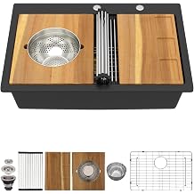 30x22 Inch Black Granite Composite Drop In Kitchen Sink, Single Bowl Workstation All-In One Classic Quartz-Based Two-Holes Sink with Mixing Bowl and Pasta Strainer #TLGT-121