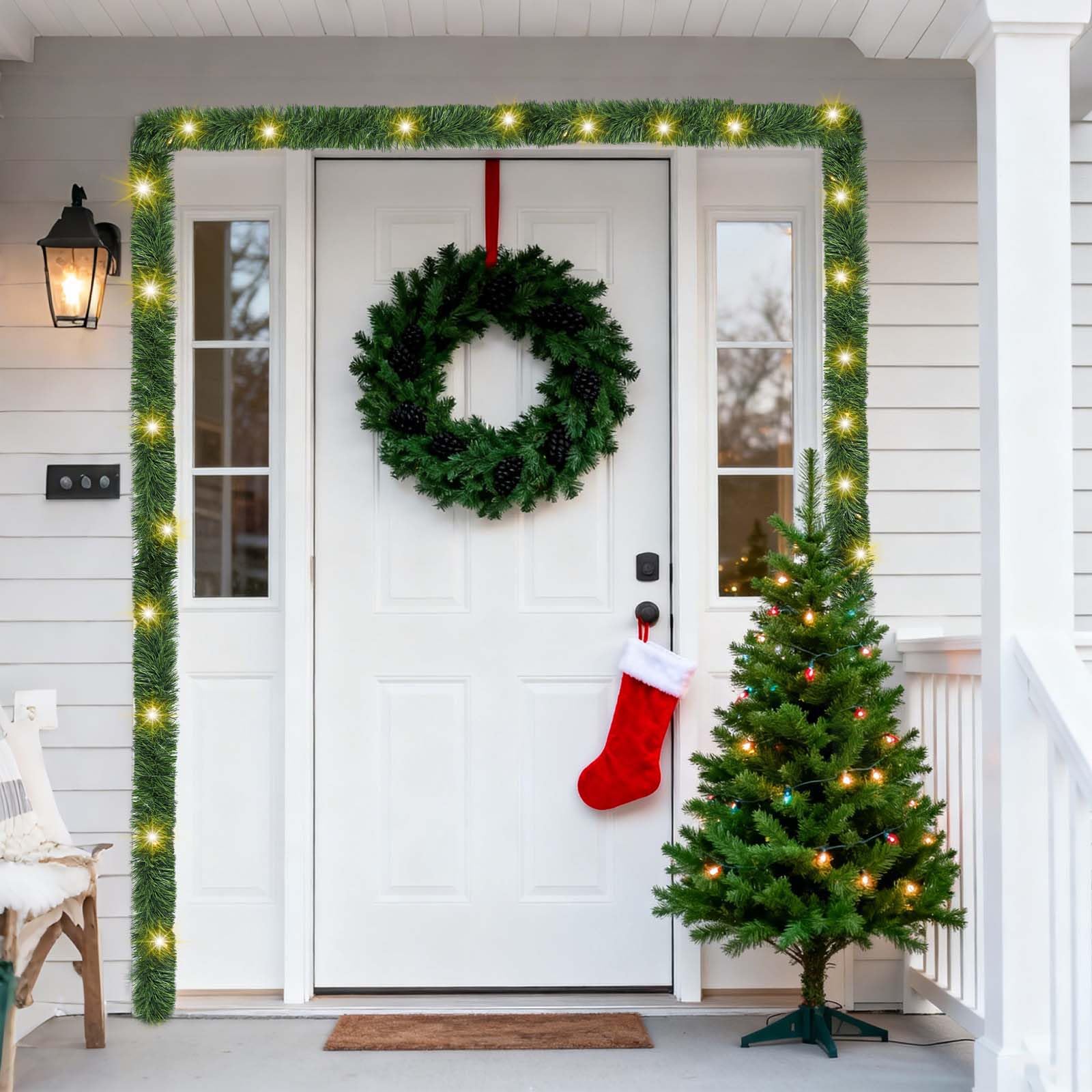 Guirlande de Noël avec lumières, 9,1 m, 50 LED, fonctionne à piles, longue guirlande pré-éclairée, minuterie à distance pour escaliers, garde-corps, cheminée, cheminée, cadre de porte de bureau