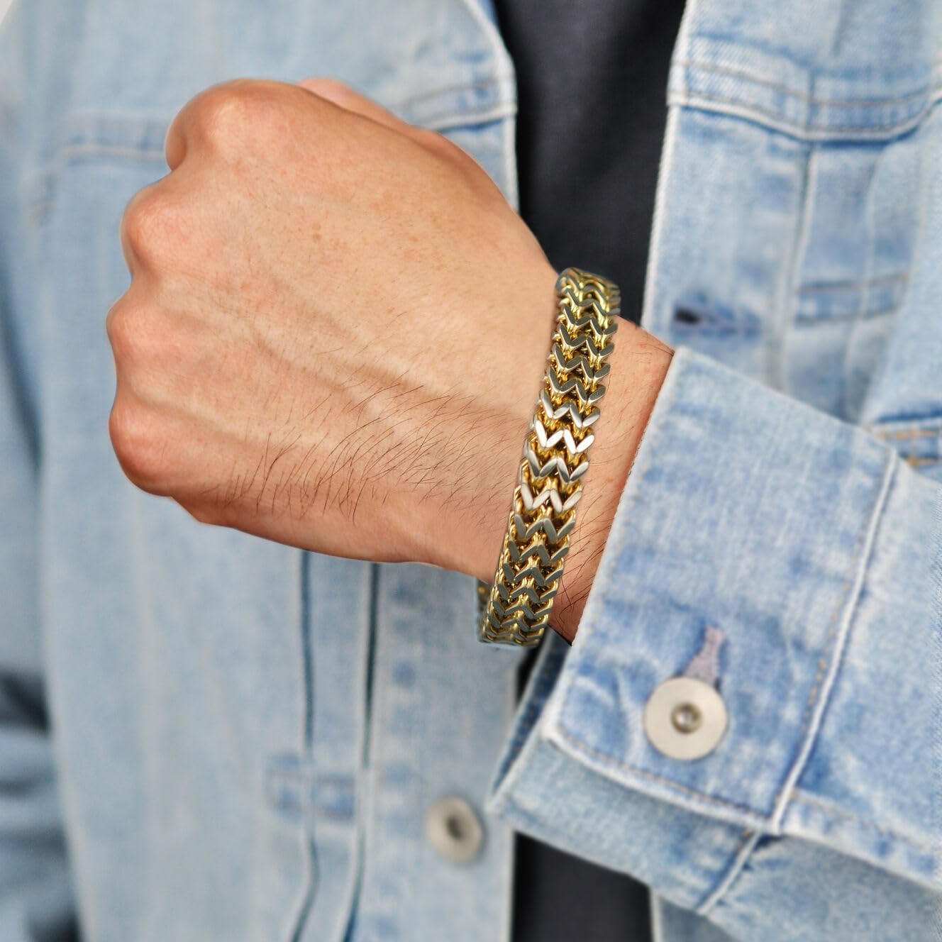 Metro Jewelry Two Tone Foxtail Chain Bracelet for Men in Stainless Steel with Yellow Gold Ion Plating - 8.5 Inches Long 13 mm Wide with Lobster Claw - Image 2