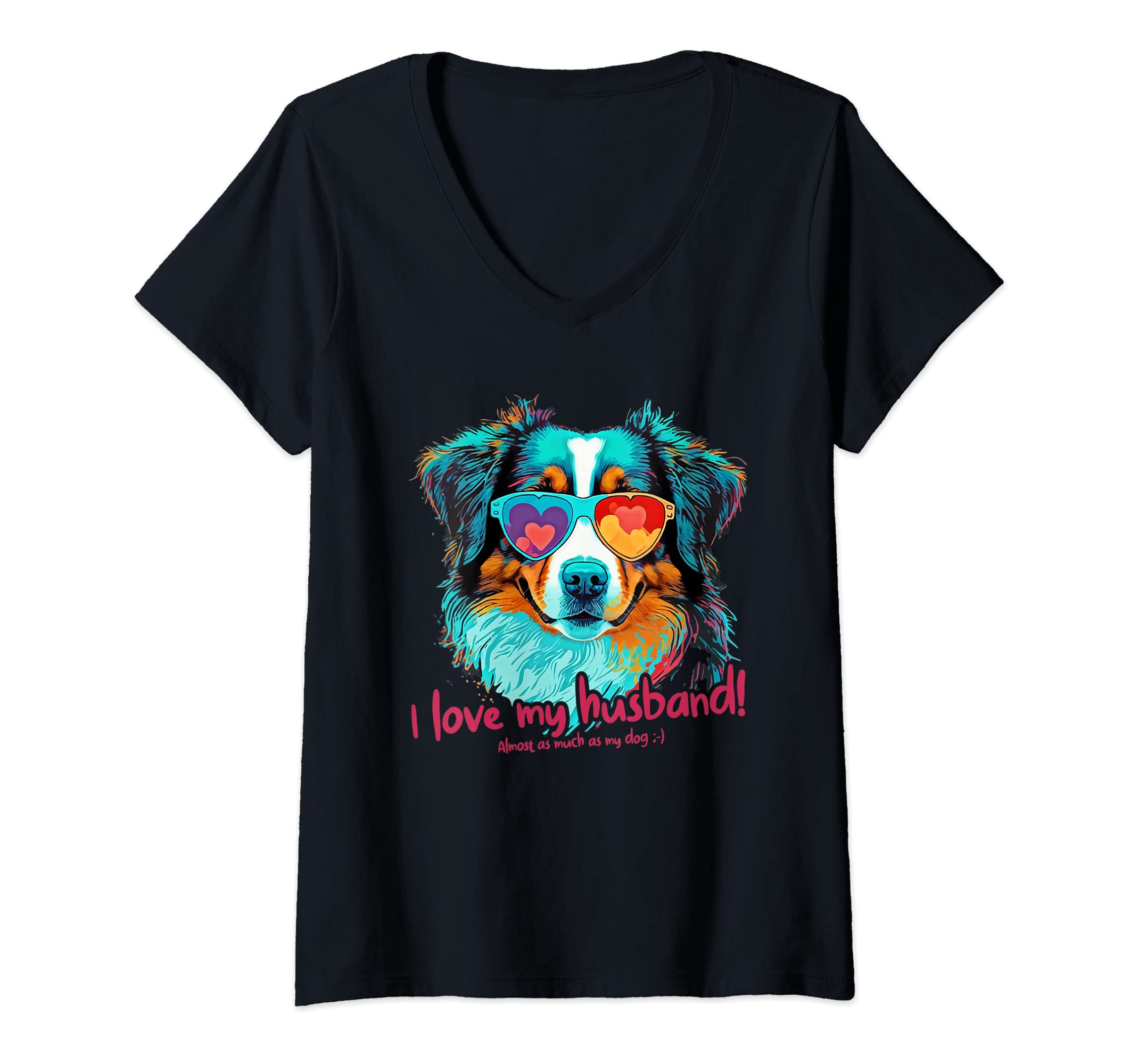 Womens Australianshepherddog with heartglasses - Love My Husband V-Neck T-Shirt