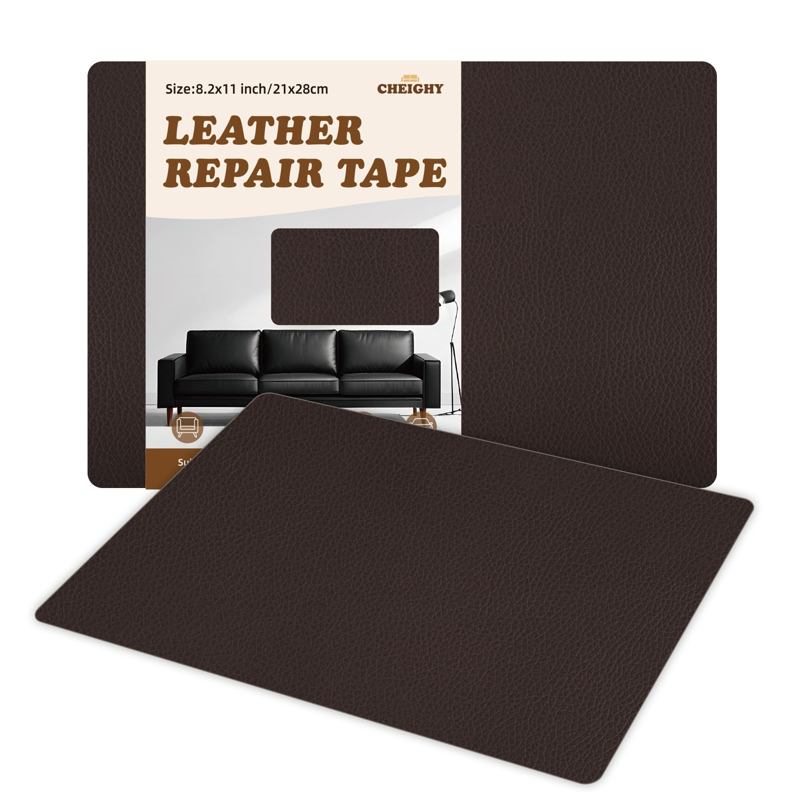 CHEIGHY 2pcs Leather Repair Kit, 8.2X11 inch Self-Adhesive PU Leather Patches for Furniture, Car Seats, Sofa, Office Chair, Belt, Jackets (Dark Coffee