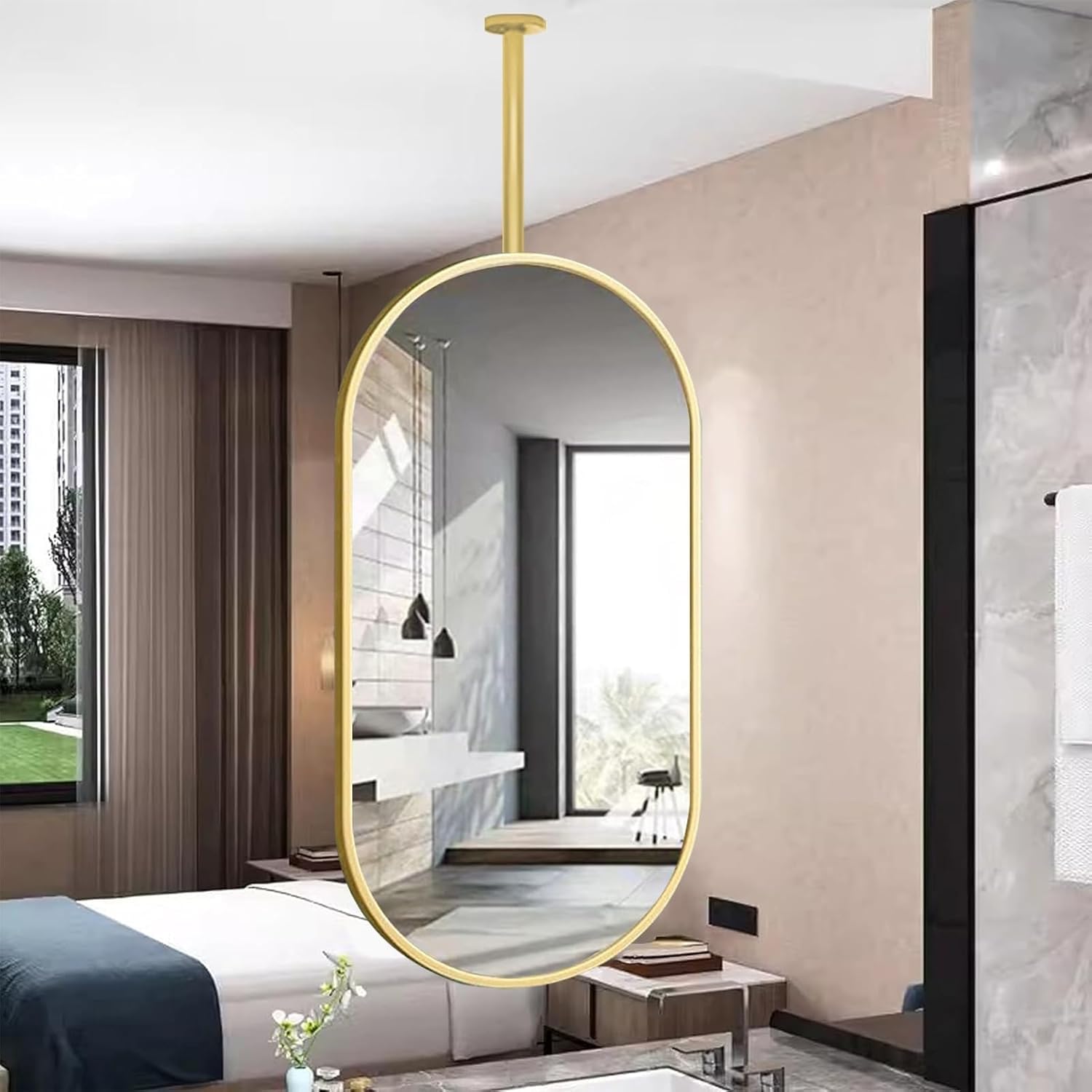 WJFTODAY Gold Oval Hanging Mirror for Bathroom & Corridor, Wall-Mounted Vanity Makeup Mirror, Ceiling Hanging Rod Design, 27.6" L x 15.8" W, Stylish Home Decor.