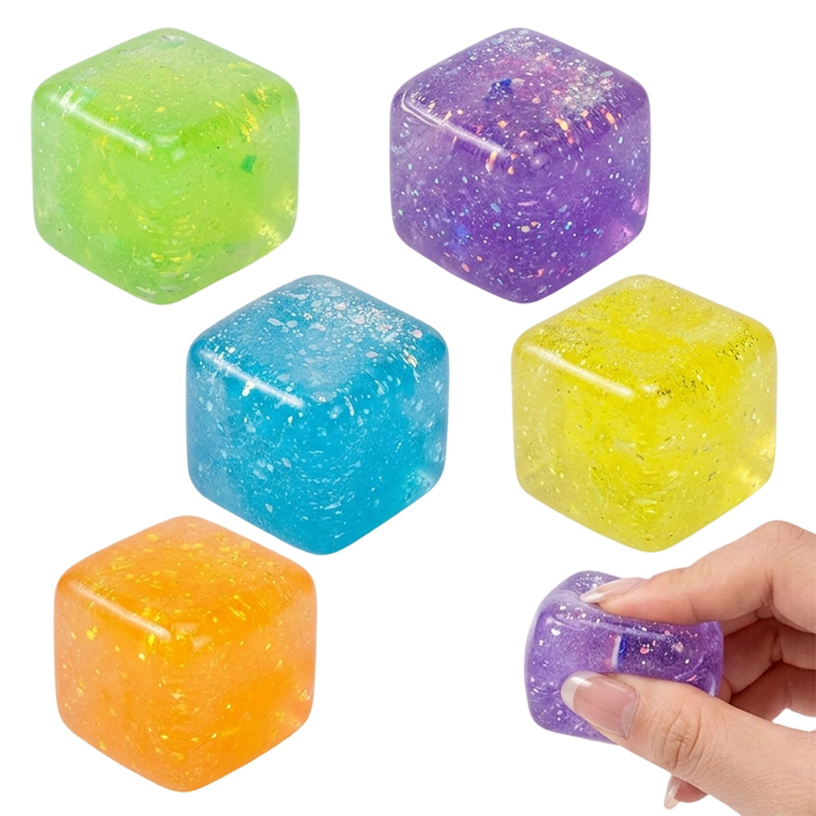 5pcs Sugar Squishy Cube, Glitter Stress Balls, Ice Cube Squishy Fidget for Office Workers and Students, Sensory Stress Relief for Anxiety Management, Set with Random Colours