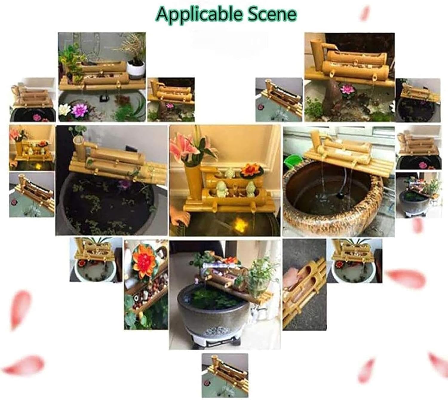 Bamboo Fountain with Water Pump, Zen Water Feature Decoration, Japanese Style Garden Circulating Fountain, Outdoor Ornament, for Bird Bath, Balcony, Lawn, Patio, Pond, 15.7in