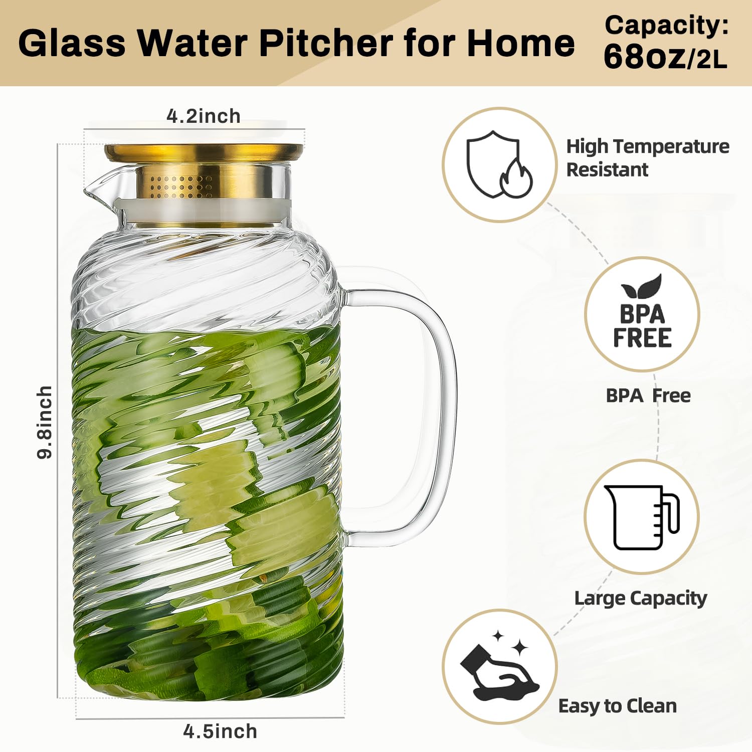 Buaic Confezione da 2 brocche in vetro con coperchio, 2 litri, motivo a spirale, caraffa per acqua in vetro per birra fredda, caffè, limonata, tè al sole freddo, bevande, latte, resistente al calore