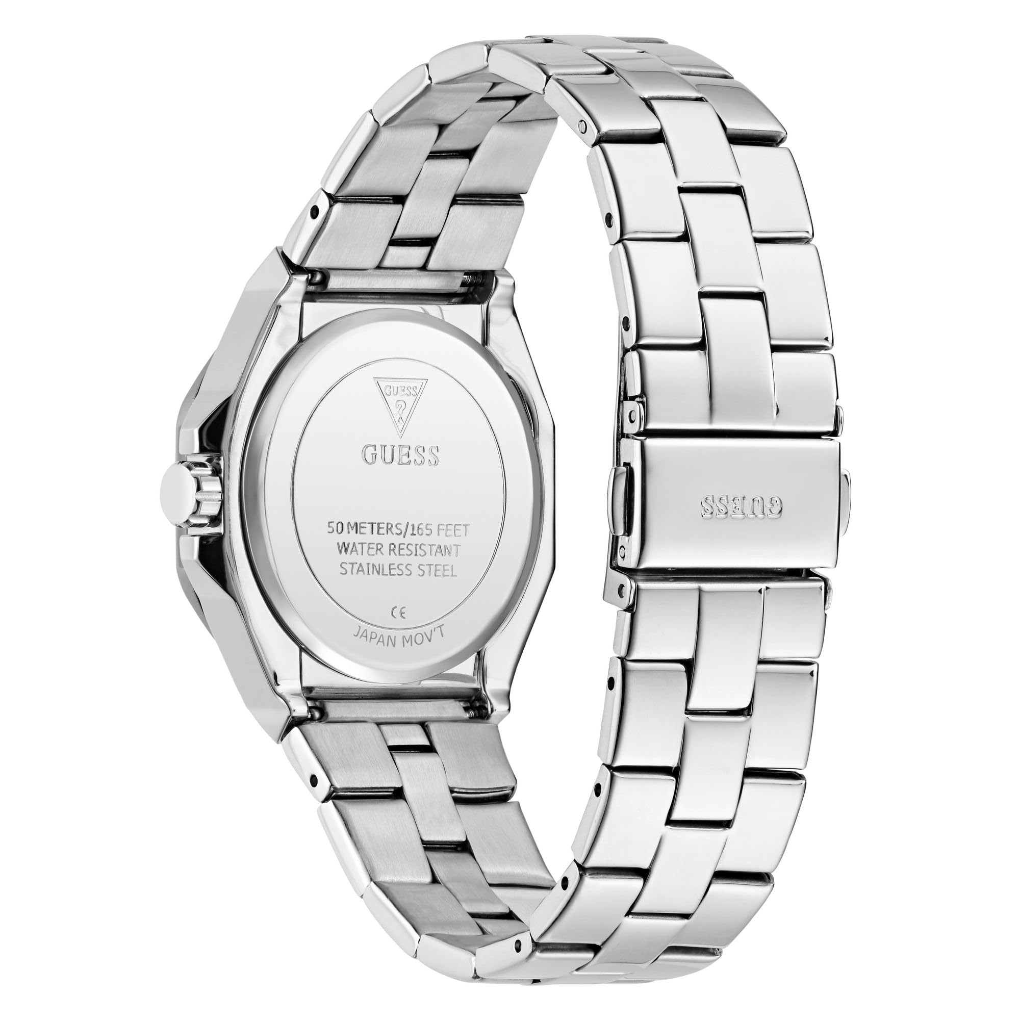 GUESS Damski zegarek na rękę Empress, srebrna bransoletka ze stali nierdzewnej, szkło mineralne, niebieska tarcza, 5 bar, średnica koperty: 34 mm, GW0873L1