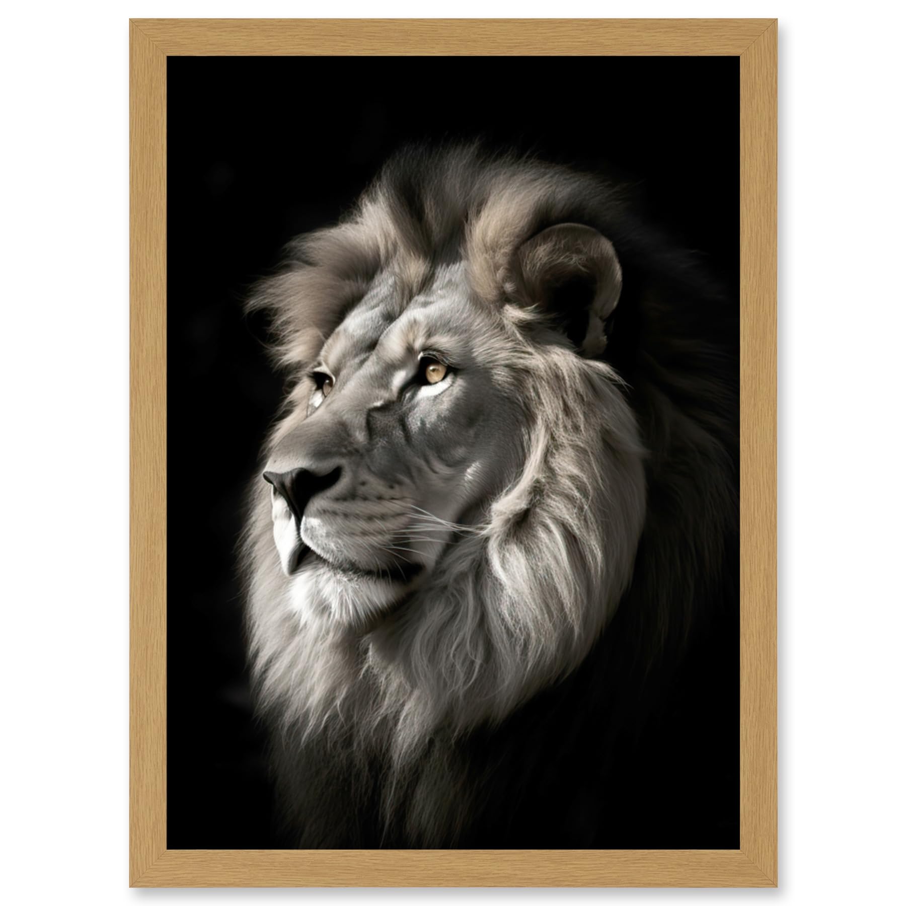Artery8 Lion Head Portrait Dramatic Photograph Strong Leo Dark Atmospheric Light Artwork Framed Wall Art Print A4
