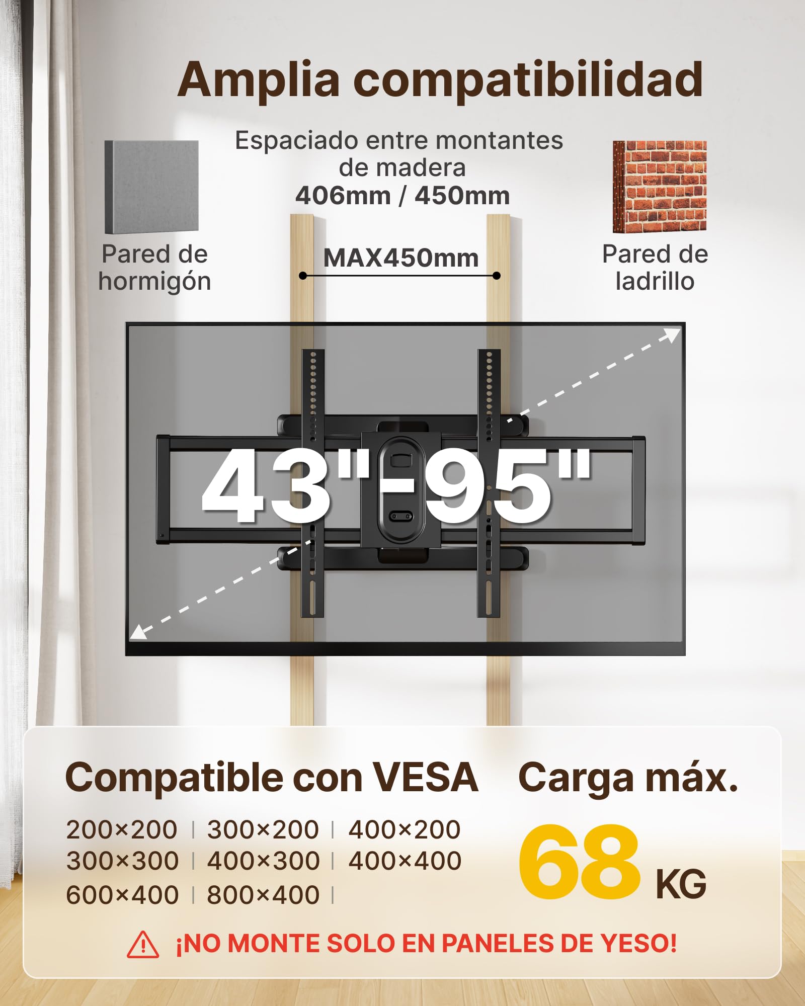 monTEK Soporte TV de Pared 43~95", VESA 800×400mm máx. Carga máx.60kg | Soporte de Televisor de Pared, Soporte de Pared, Modelo de Pared Con Brazos Oscilantes, Giratorio e Inclinable