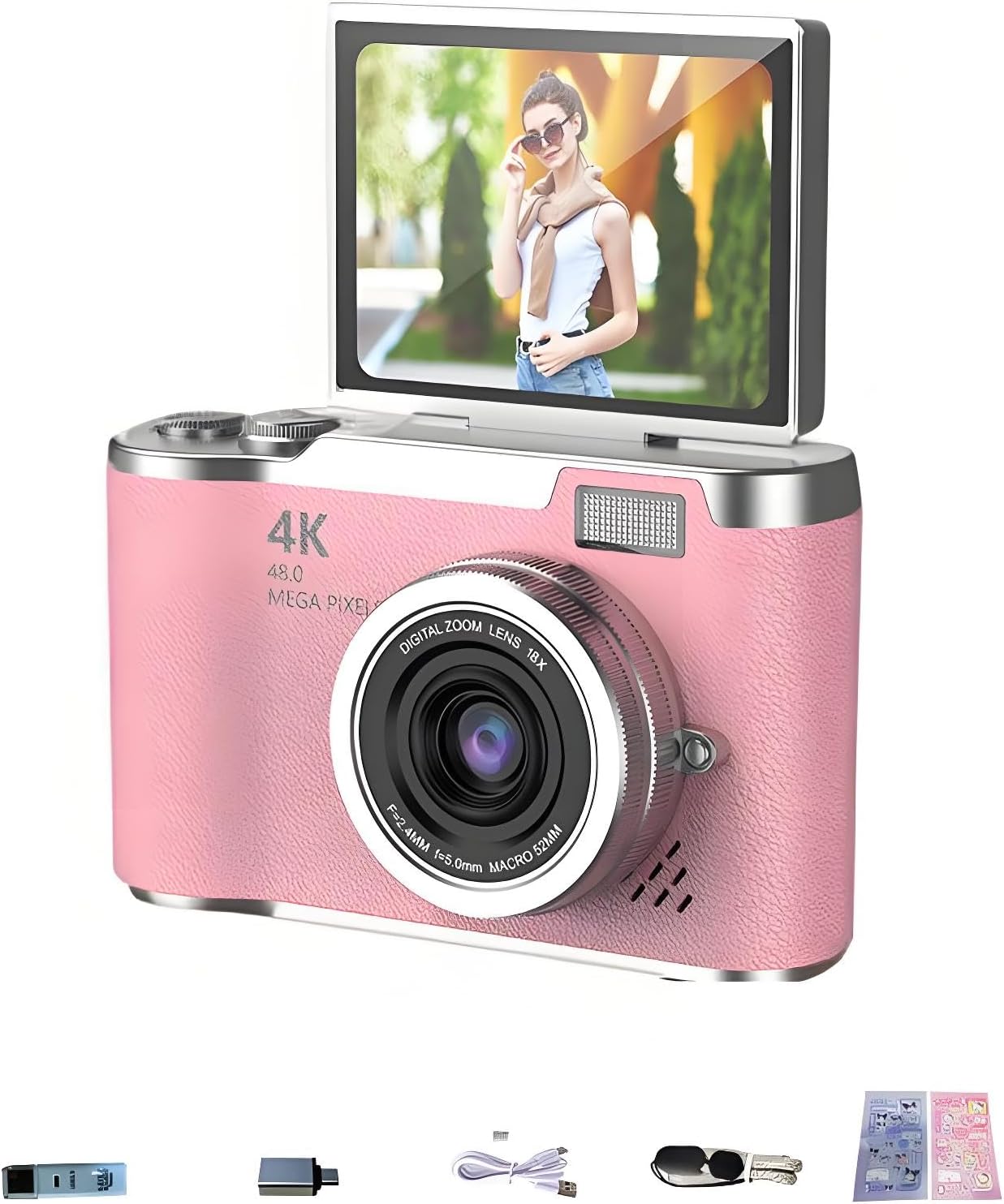 フリップスクリーン付き4K HDデジタルカメラ、8倍電子ズーム、2.4インチフリップスクリーン、多機能ボタン&amp;点滅ライト、高