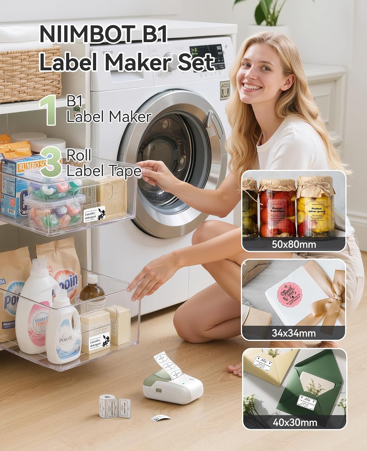 NIIMBOT B1 Label Maker Machine with 3 Tapes, 50x30mm White/34×34mm ColorfulB/50x80mm Clear, Bluetooth Thermal Label Printer for Small Business,Office,Home,School (Green, 1 Printer+3 Roll Label)