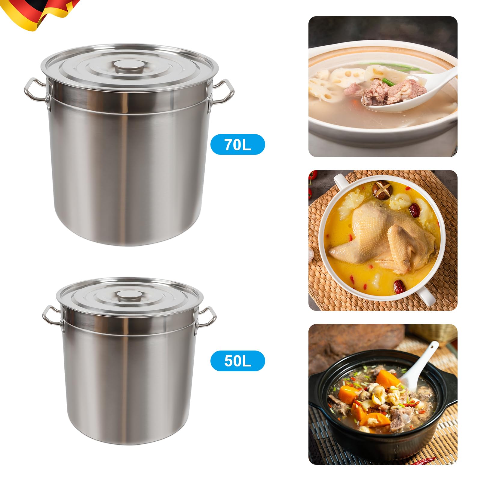 Suppentopf Große Kapazität Gastronomie Kochtopf mit Starken Griffen und Deckel Metalldeckel Edelstahl Kochtöpfe für Alle Herdarten Geeignet（Induktion, Gas, Glaskeramik) (70L)