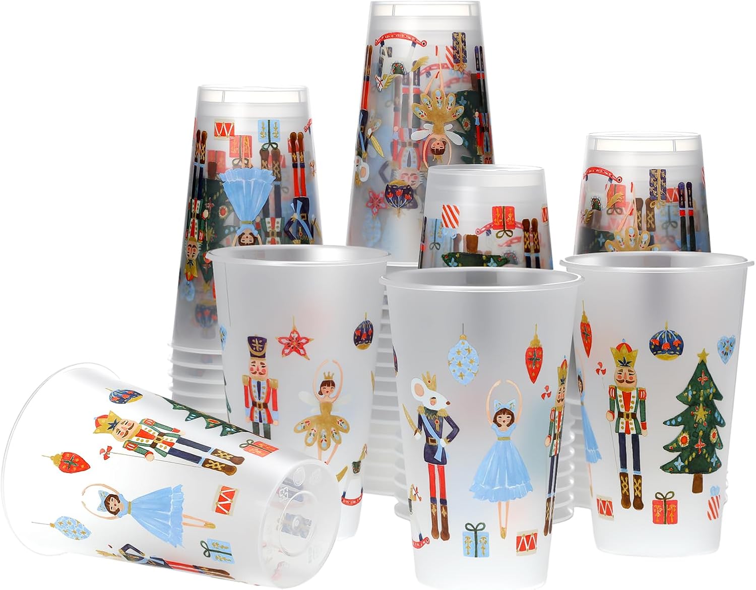 Suclain 50 Pcs Christmas Nutcracker Frosted Cups Bulk 17oz Shatterproof Frosted Plastic Cups Reusable Party Drink Tumblers Dishwasher Safe for Christmas Tableware