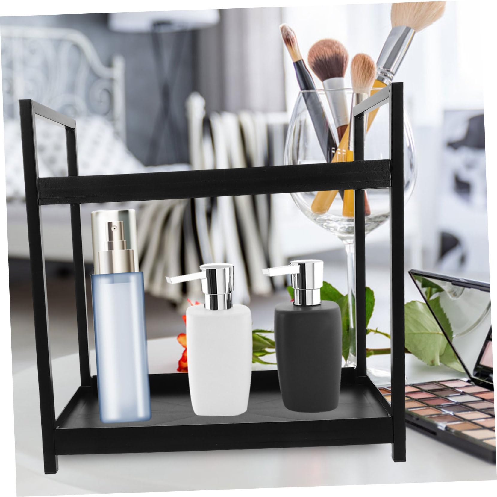 Doppelstöckige Parfümablage aus Eisen mit 2 Ebenen Schwarzer Make Up Organizer für Badezimmer und Schminktisch zur Stilvollen Aufbewahrung