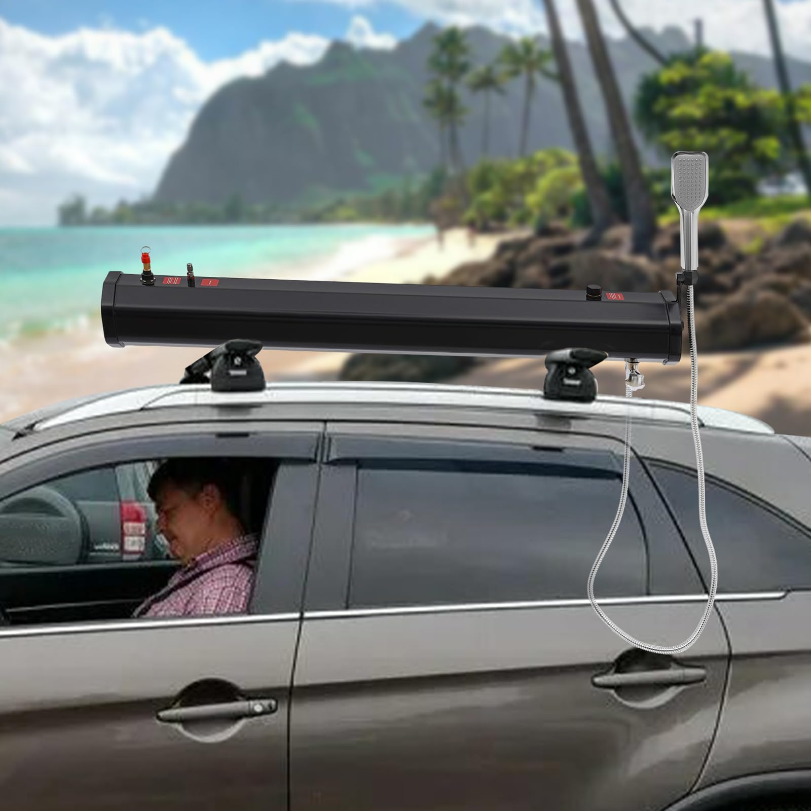 COUCHO Druckwassertank für Campingdusche, Dachgepäckträger-Wassertank für Autodusche, tragbarer Offroad-Duschen-Wasserspeichertank mit Schlauchduschkopf, für Fahrzeuge, LKWs, SUV(30L(7.9gallon))
