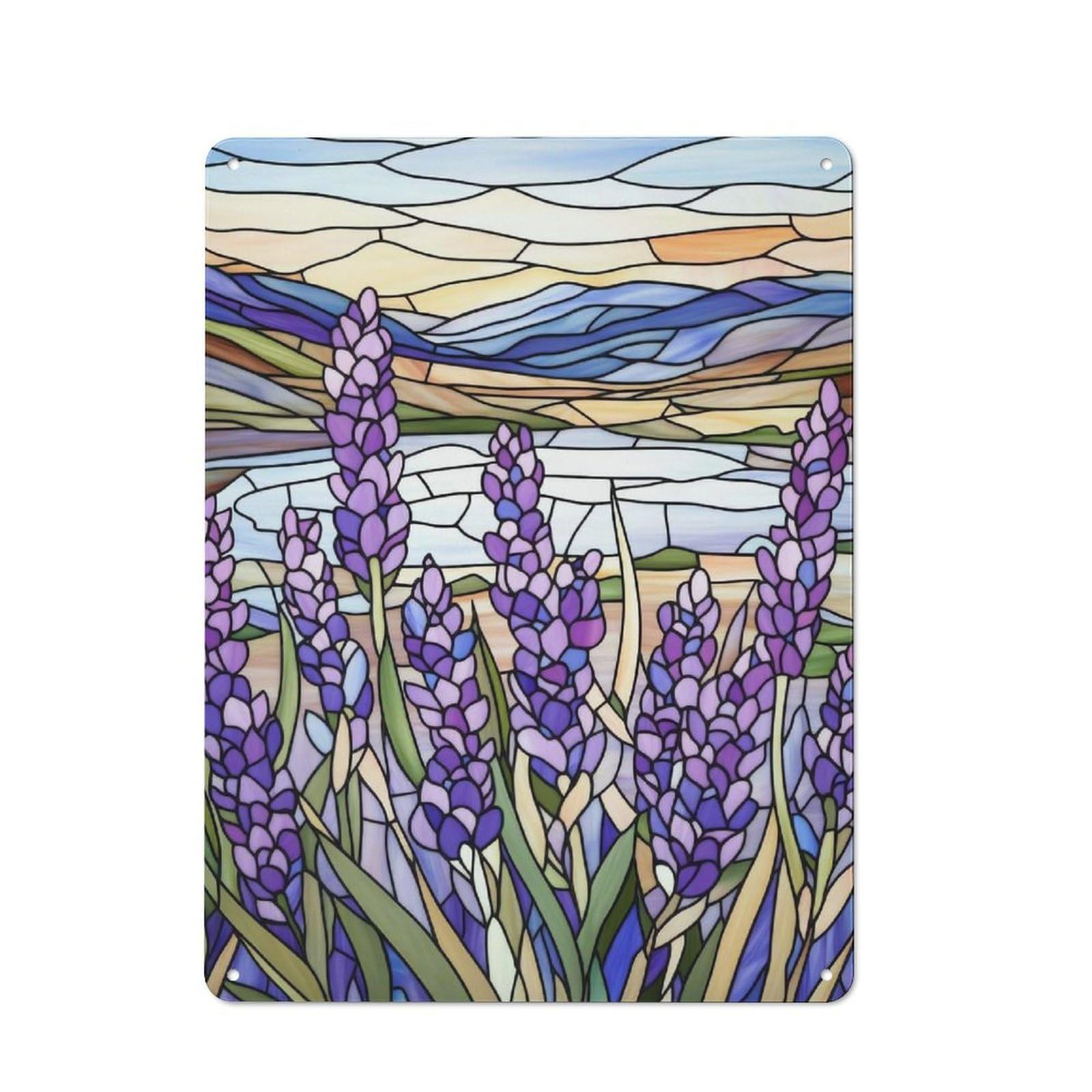 Junmoney Style-22 Stained Glass Lavender Field Rustic Tin Wall Plaque 40X30cm For Hobby Room Or Studio, A Christmas Gift For People Styling Hobby Room And Studio