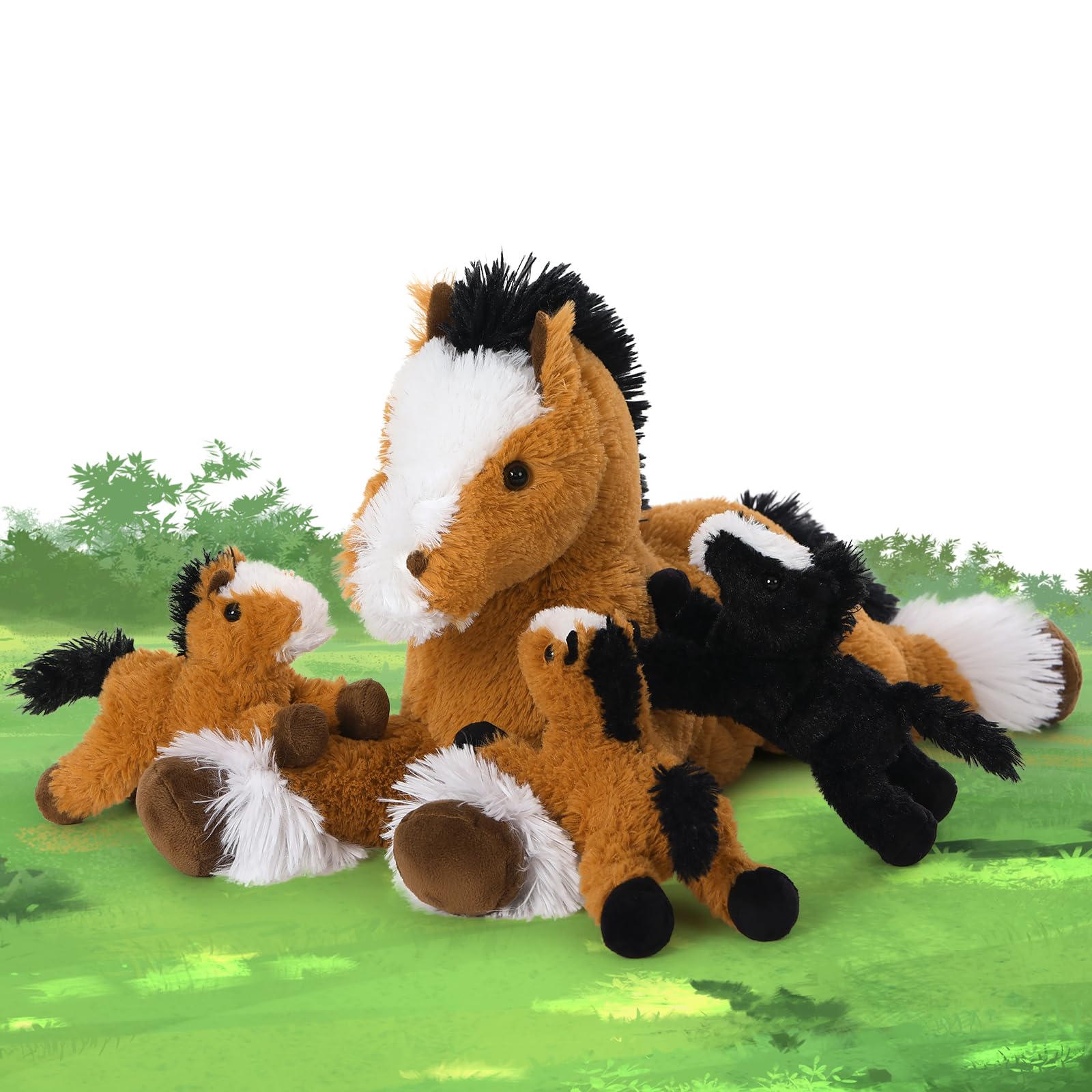 MorisMos Dunkel Braun Pferd Kuscheltier groß XXL mit 3 Baby im Bauch, 54cm lang groß Plüschpferd Stofftier Plüschtier, Horse Pony Geburtstag Weihnachten Geschenk Kinder