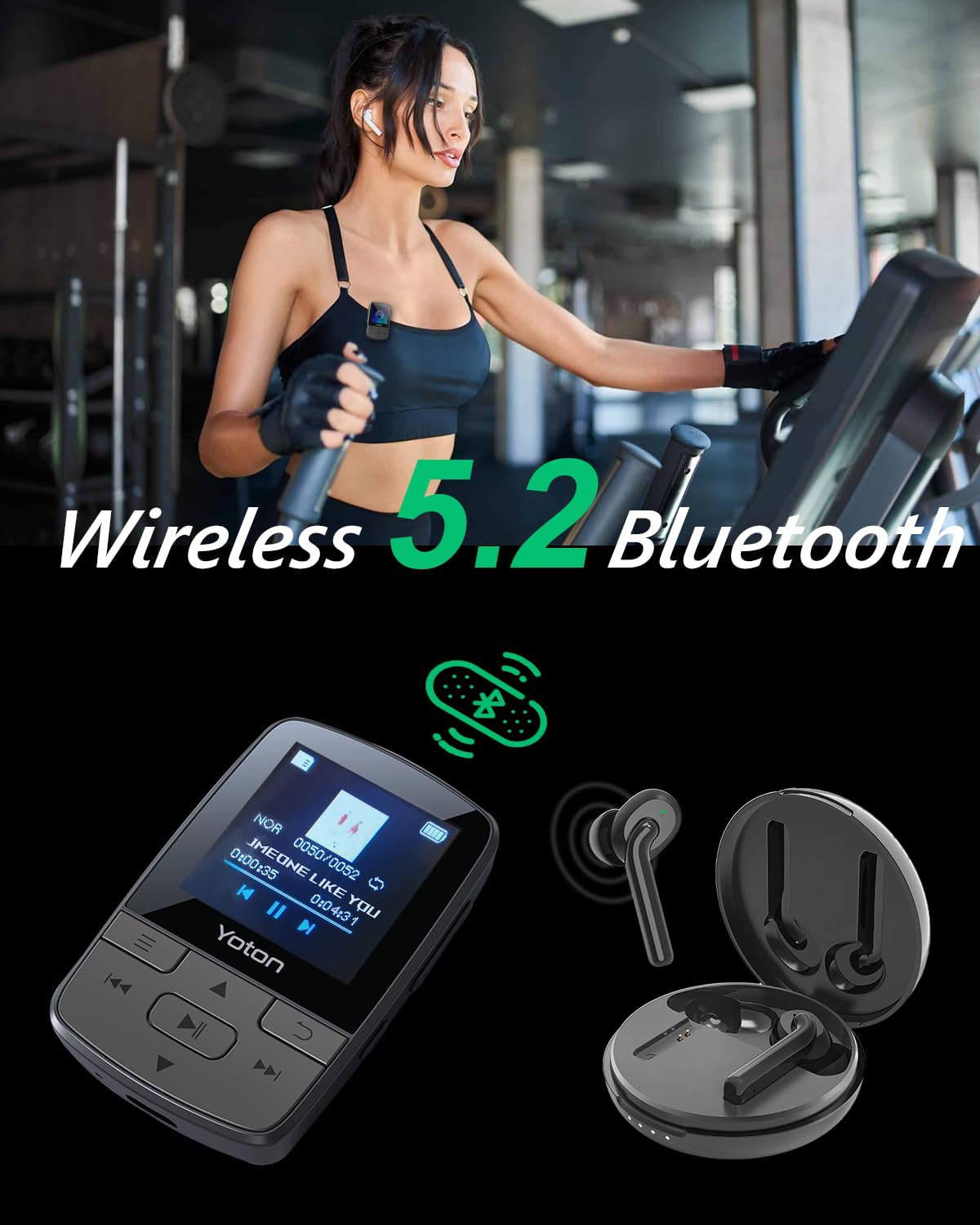 Yoton Lettore MP3 Bluetooth 5.2, Clip Sportivo, Audio Hi-Fi ad Alta Qualità, Controllo Volume Indipendente, Radio FM, Auricolare Incluso, Scheda SD non inclusa- Nero