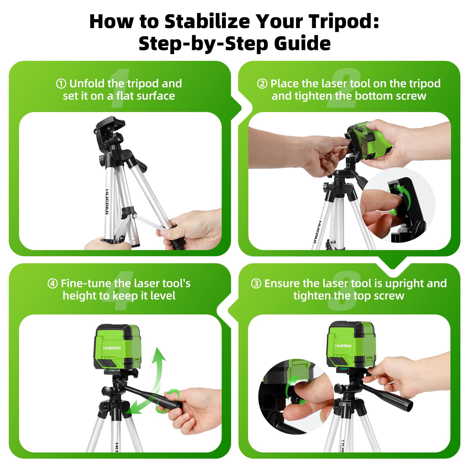 Huepar Self Leveling Laser Level with Tripod, 98Ft Green Cross Line Laser Leveler Tool for Picture Hanging, Tile, Home Renovation, Indoor Project, Battery&Goggles Included, 40in Tripod — view 5