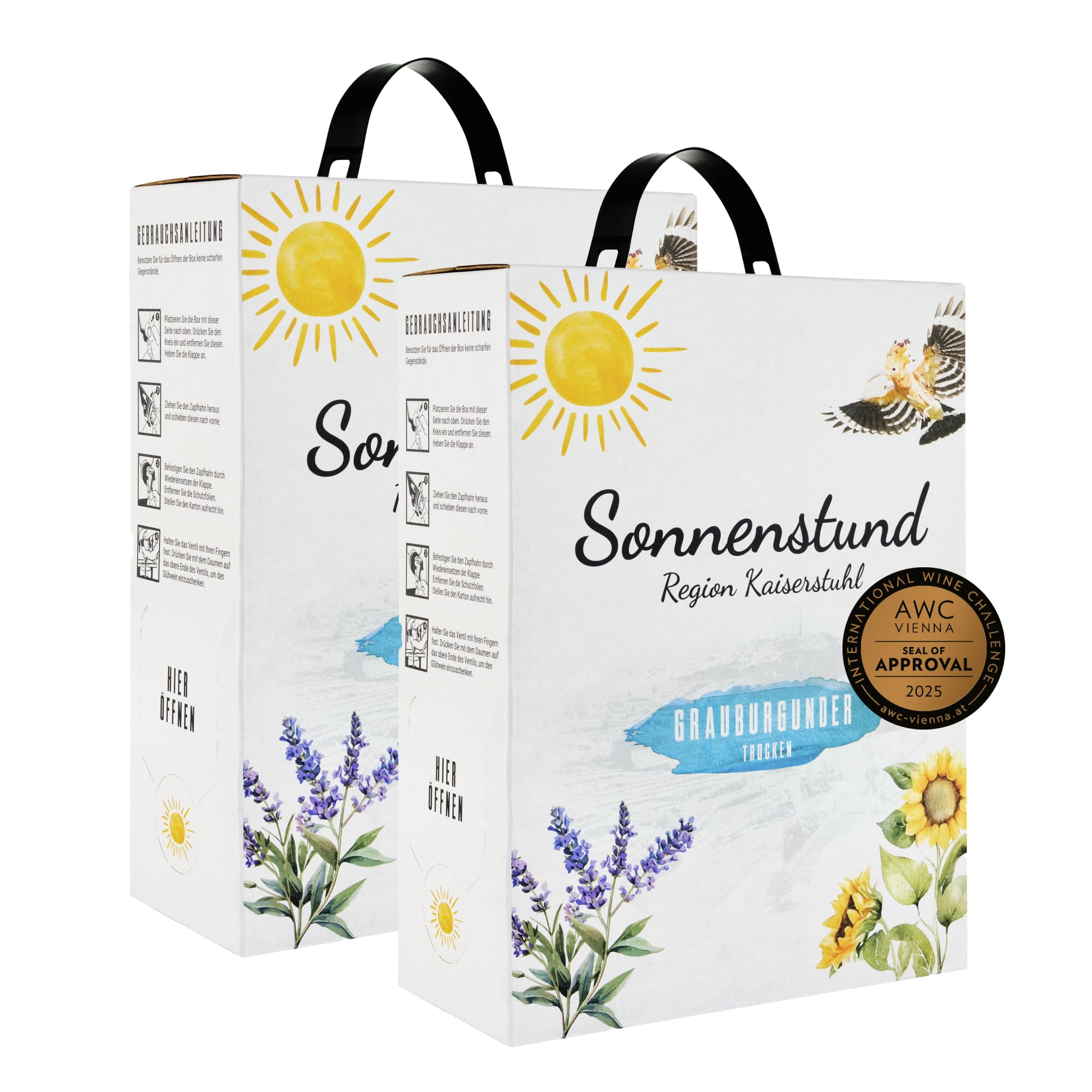 Sonnenstund Grauburgunder trocken 3 Liter Wein-Box - SILBER 2026 AWC Vienna - Zarte Fruchtaromen nach Pfirsich, Apfel und Zitrusfrüchten, Grauer Burgunder QbA vom Kaiserstuhl (2 x 3,0 l Bag-in-Box)