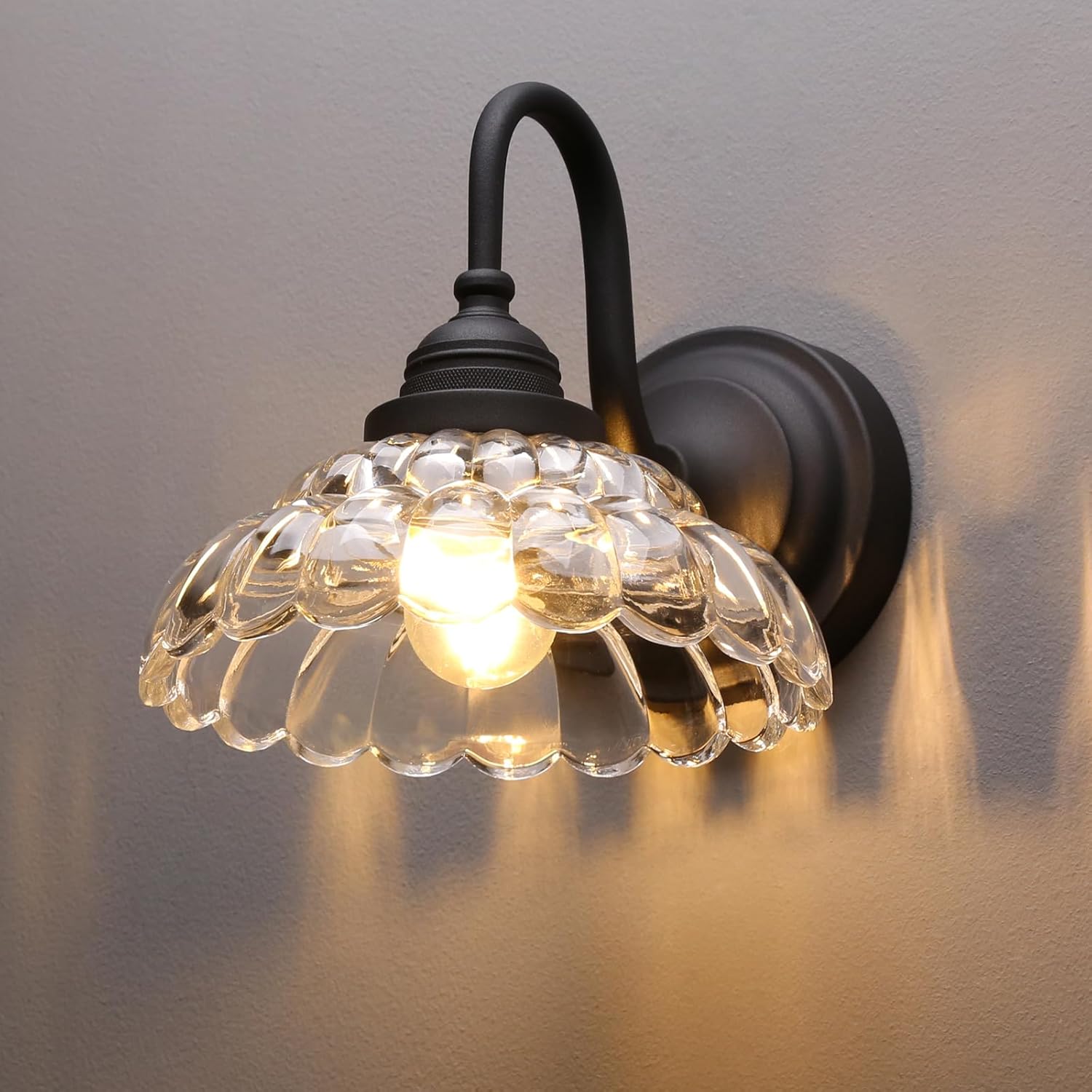 PERMO Vintage Black Wall Sconce with Clrar Lotus Glass Shade Antique Sconces Hardwired Light for Bathroom, Bedroom, or Entryway