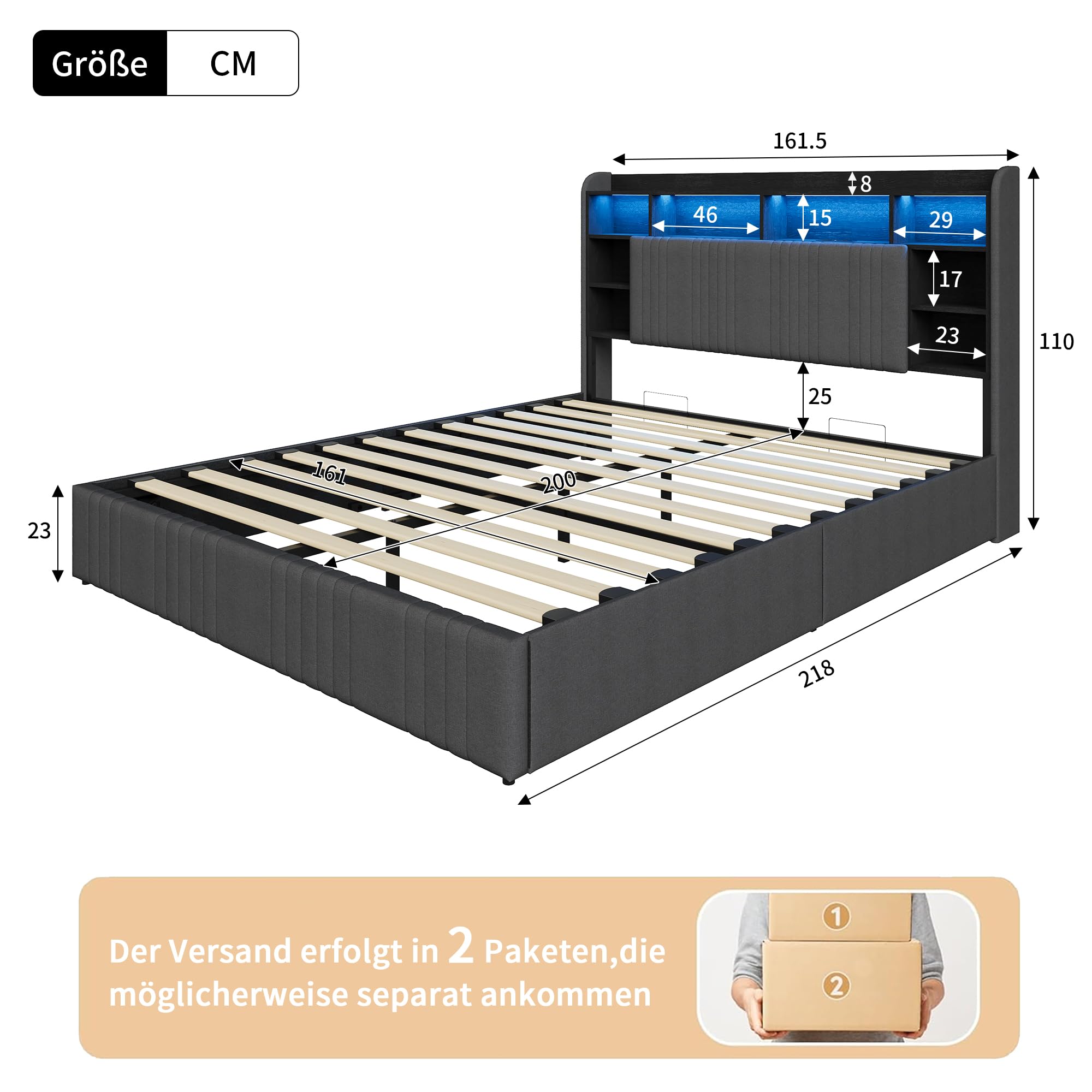 BRILVERDE Łóżko tapicerowane 160 x 200 cm, z miejscem do przechowywania, łóżko młodzieżowe z diodami LED/USB, łóżko podwójne, pudełko do przechowywania, rama łóżka z zagłówkiem i stelażem, lniane