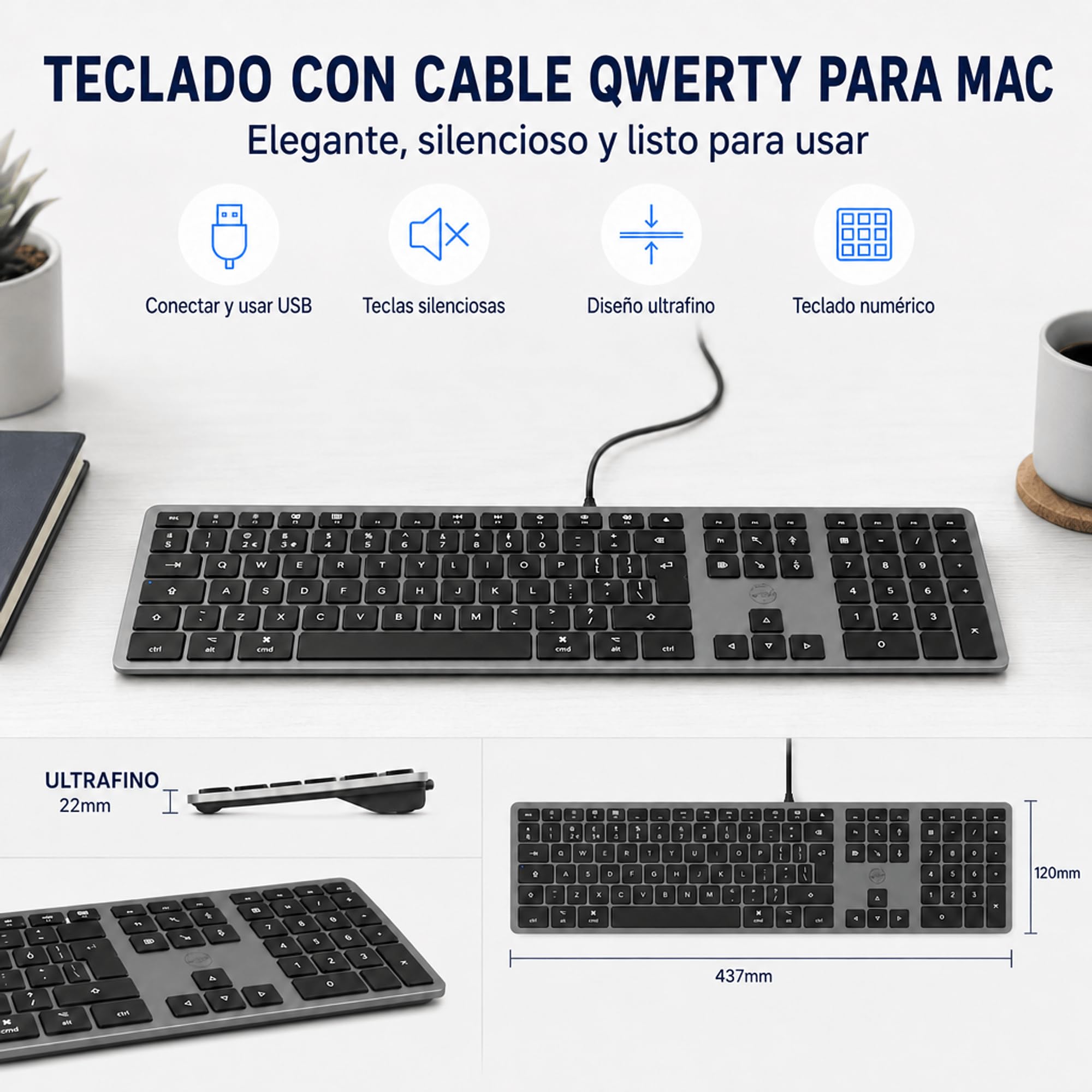 Mobility Lab Clavier Filaire QWERTY para Mac - USB Plug & Play