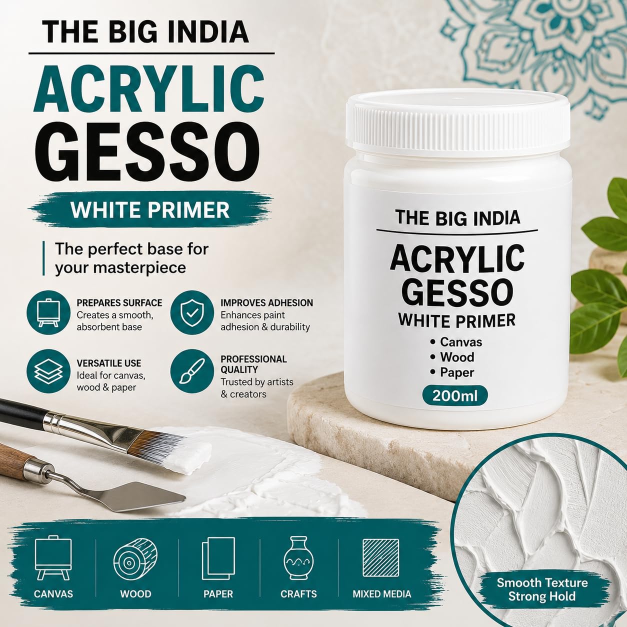 Acrylic Gesso White Primer | Art & Craft Surface Sealer for Canvas, Wood, Paper, MDF & More | Smooth Matte Finish | 200ml (Pure for Sure) 3