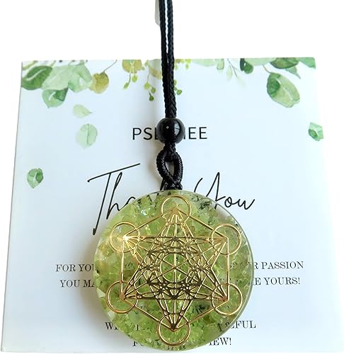 PSEEHEE Collar con colgante de orgón curativo de chakras de peridoto verde, cubo de Metatra, Merkaba Geometría Sagrada, cristales de orgonita,